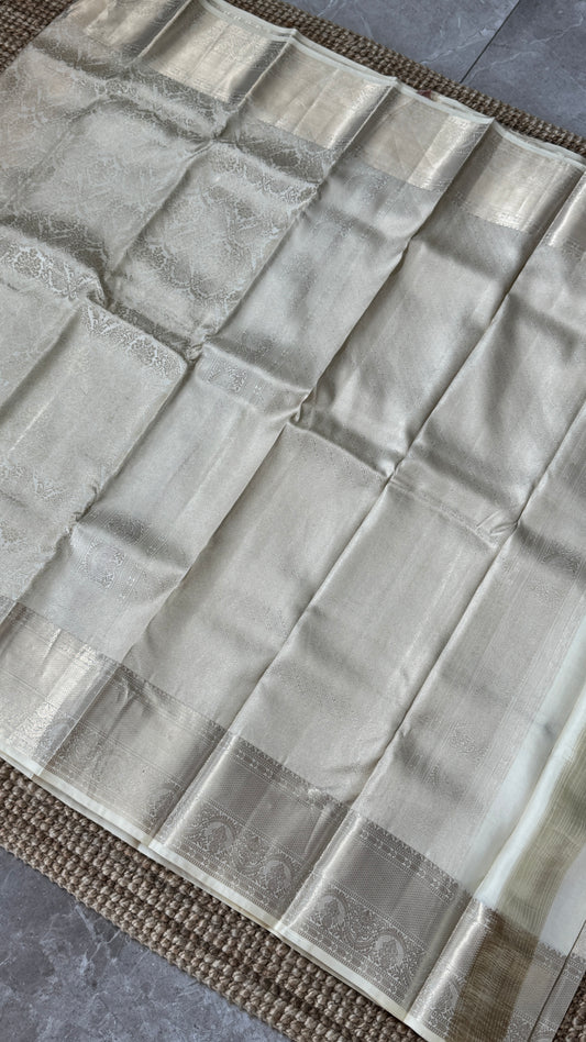 KANJIVARAM PURE SILK SAREE β Fully Brocade Saree in Half White/Ivory