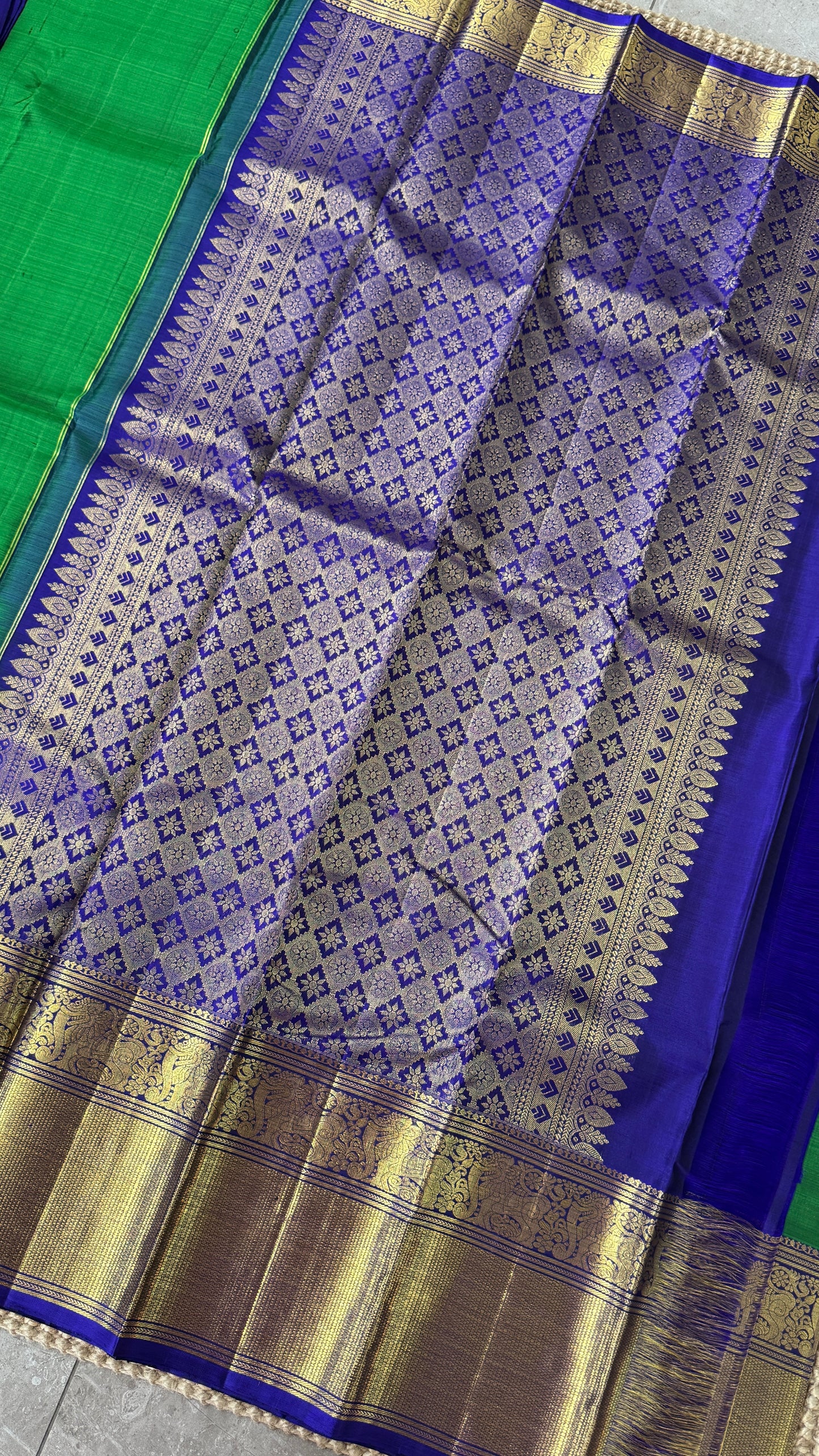 KANJIVARAM PURE SILK HANDLOOM SAREE in Green with Yali motif in Royal Blue