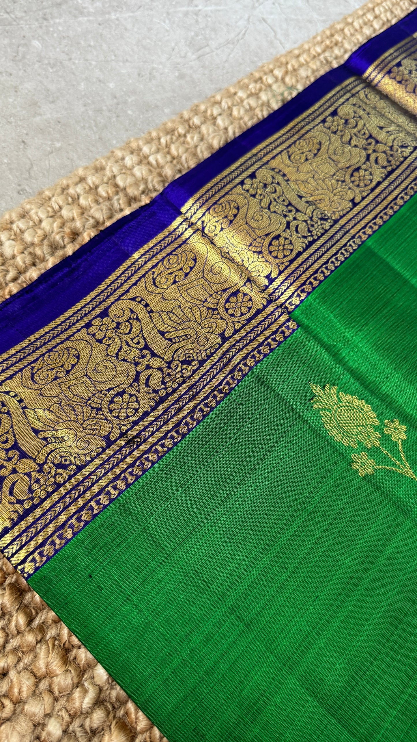 KANJIVARAM PURE SILK HANDLOOM SAREE in Green with Yali motif in Royal Blue