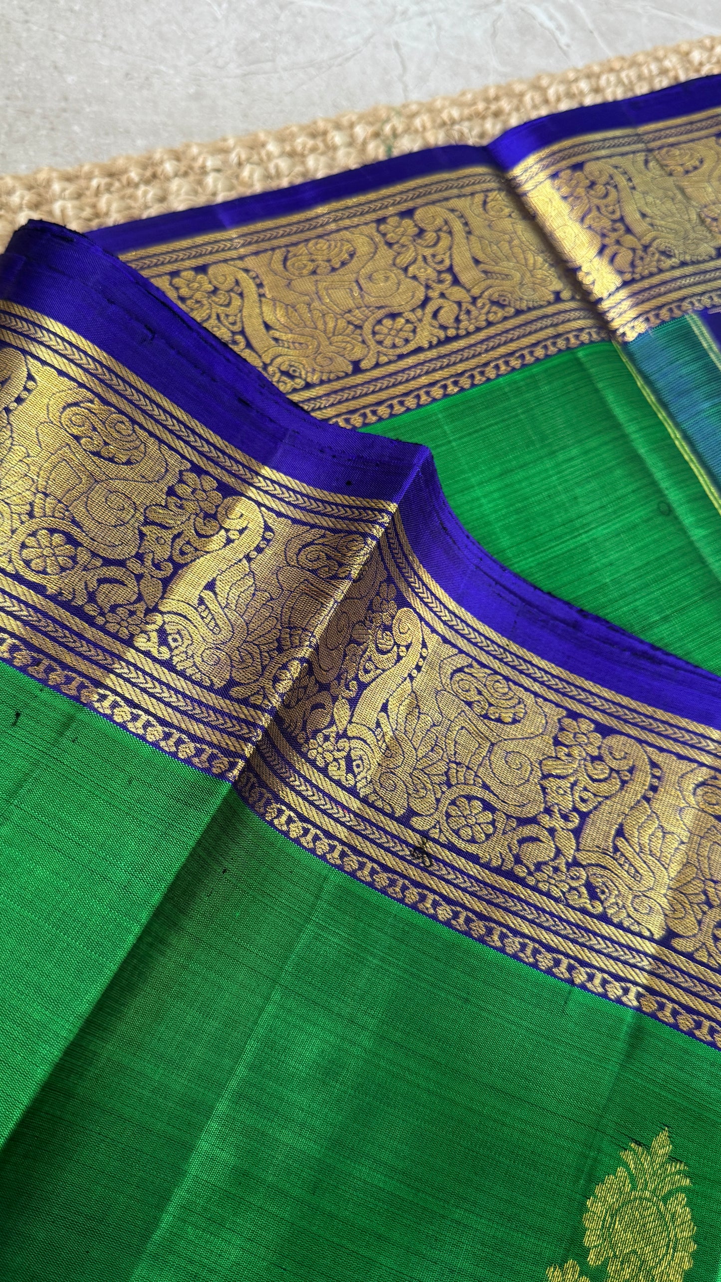 KANJIVARAM PURE SILK HANDLOOM SAREE in Green with Yali motif in Royal Blue