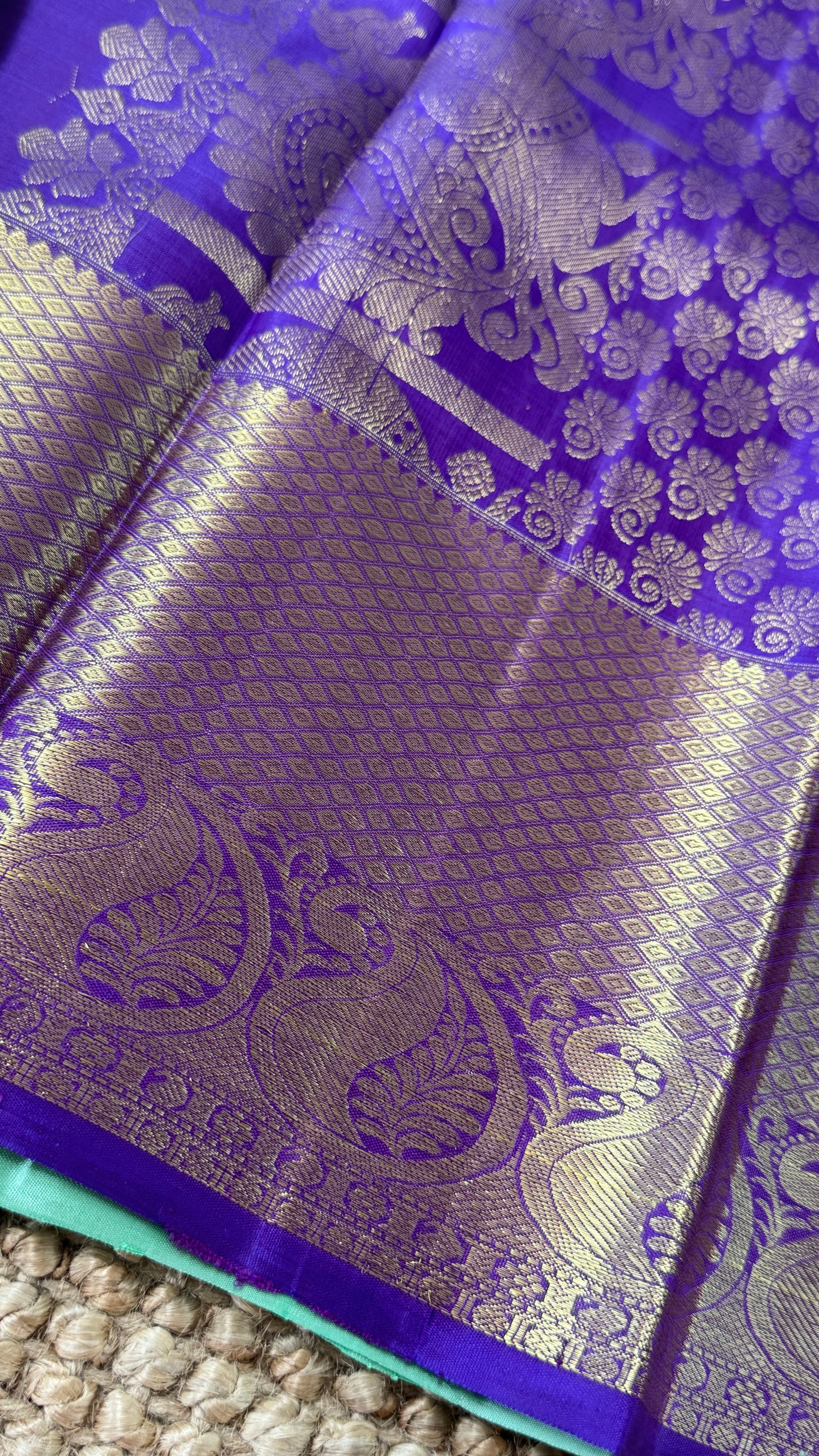 KANJIVARAM PURE SILK HANDLOOM SAREE – AQUAMARINE & PURPLE WITH MANGO AND PEACOCK MOTIFS