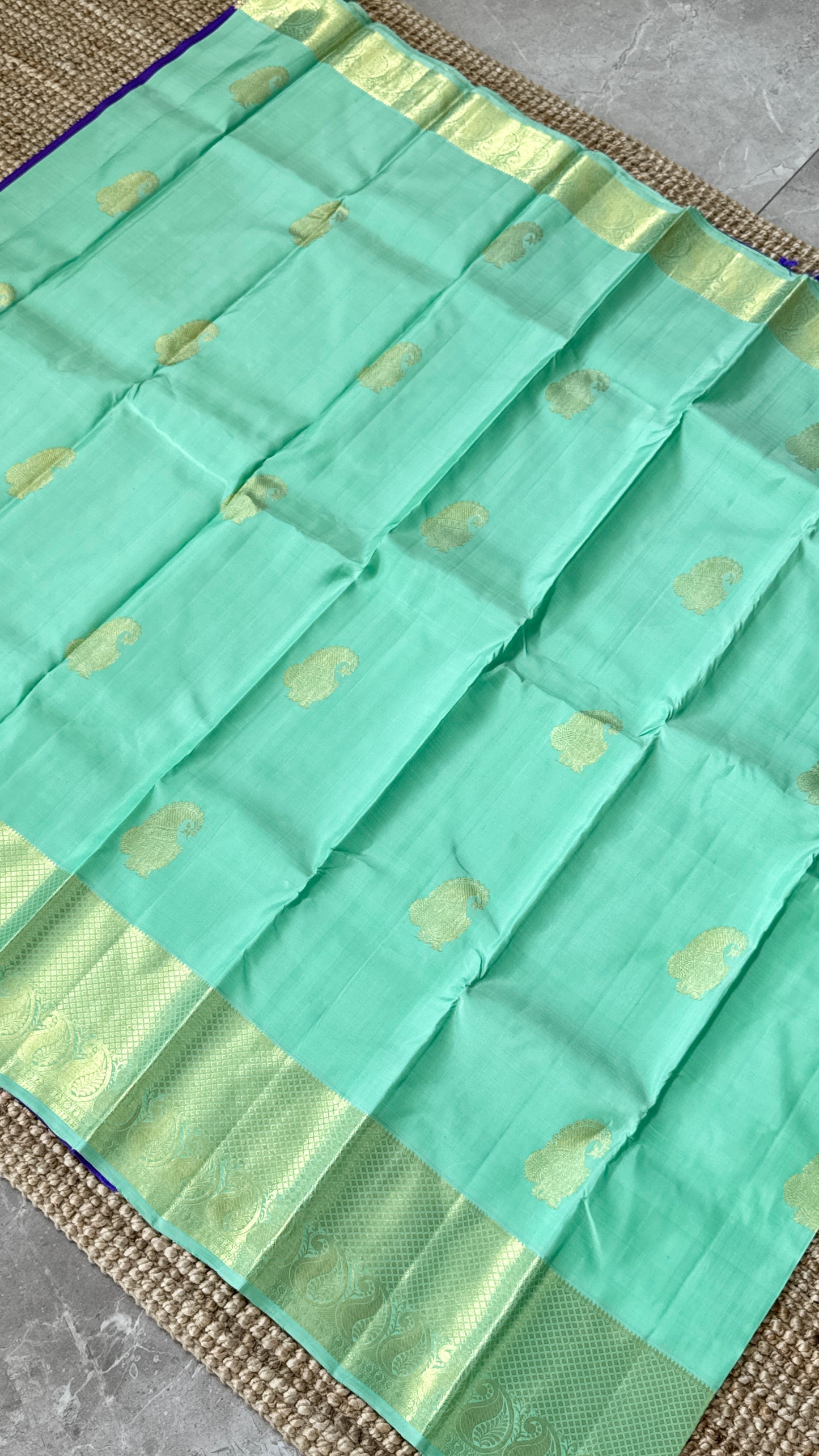 KANJIVARAM PURE SILK HANDLOOM SAREE – AQUAMARINE & PURPLE WITH MANGO AND PEACOCK MOTIFS