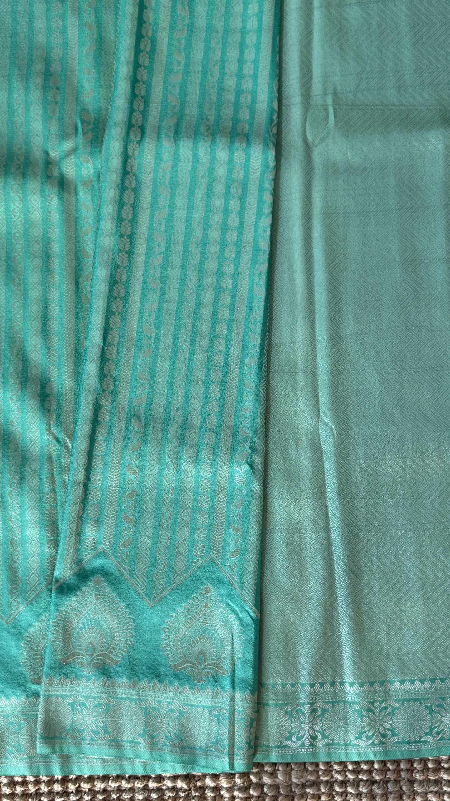 Elegant Georgette Crepe Silk Saree with Silver Banarasi Borders - Aqua/ Sea green