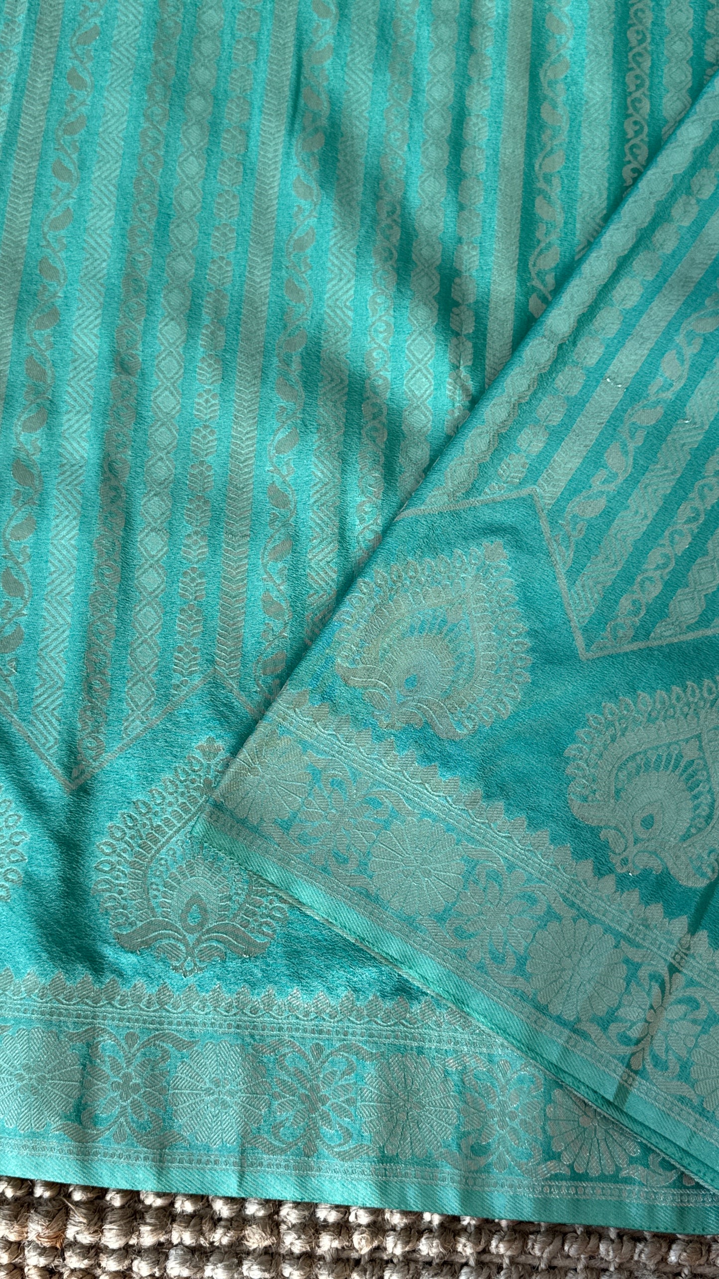 Elegant Georgette Crepe Silk Saree with Silver Banarasi Borders - Aqua/ Sea green