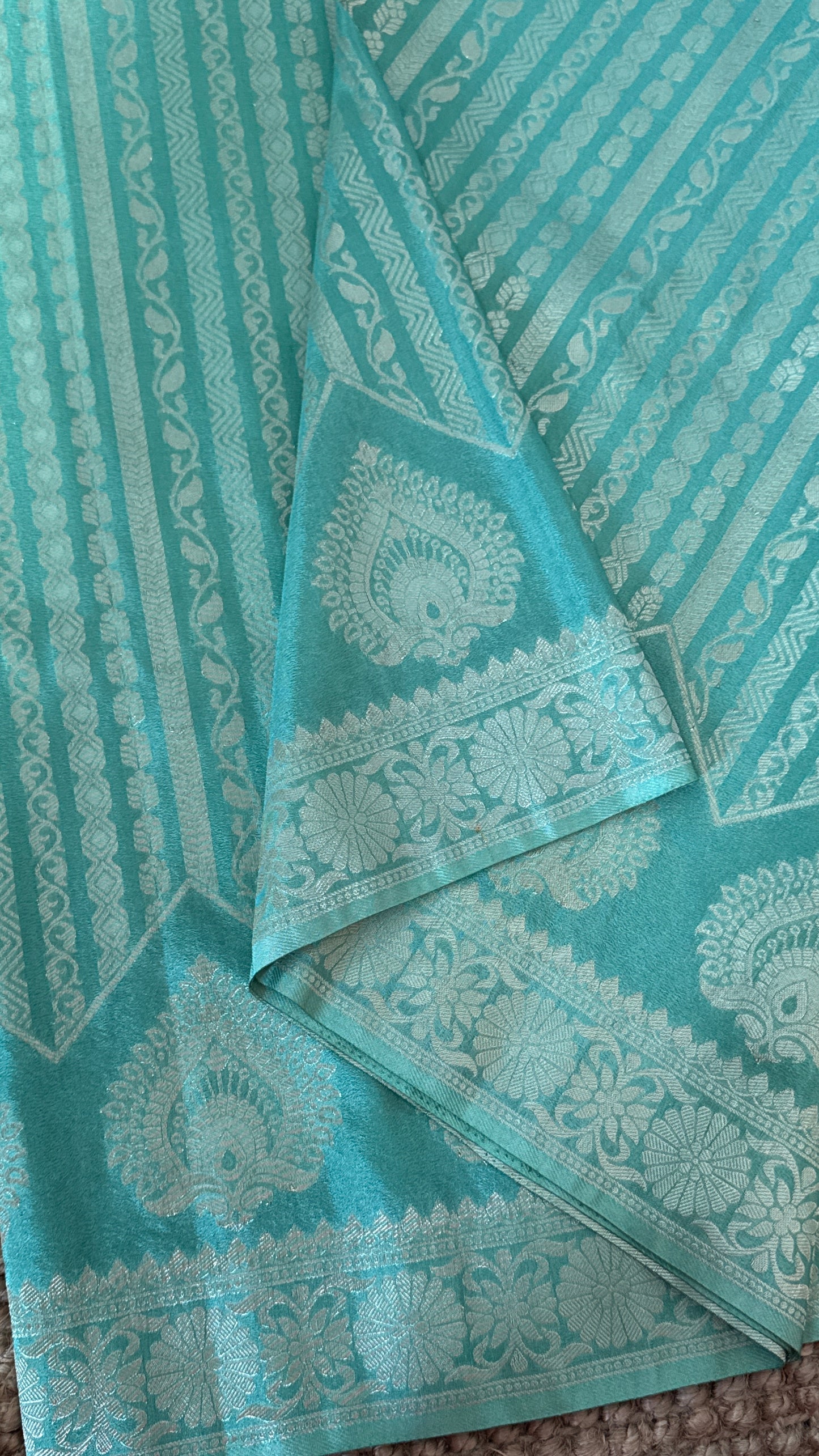 Elegant Georgette Crepe Silk Saree with Silver Banarasi Borders - Aqua/ Sea green