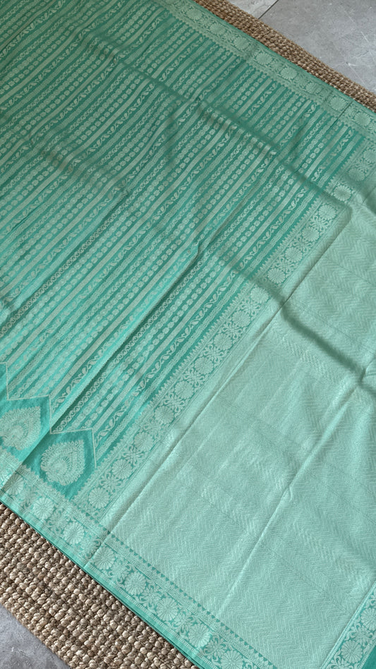 Elegant Georgette Crepe Silk Saree with Silver Banarasi Borders - Aqua/ Sea green