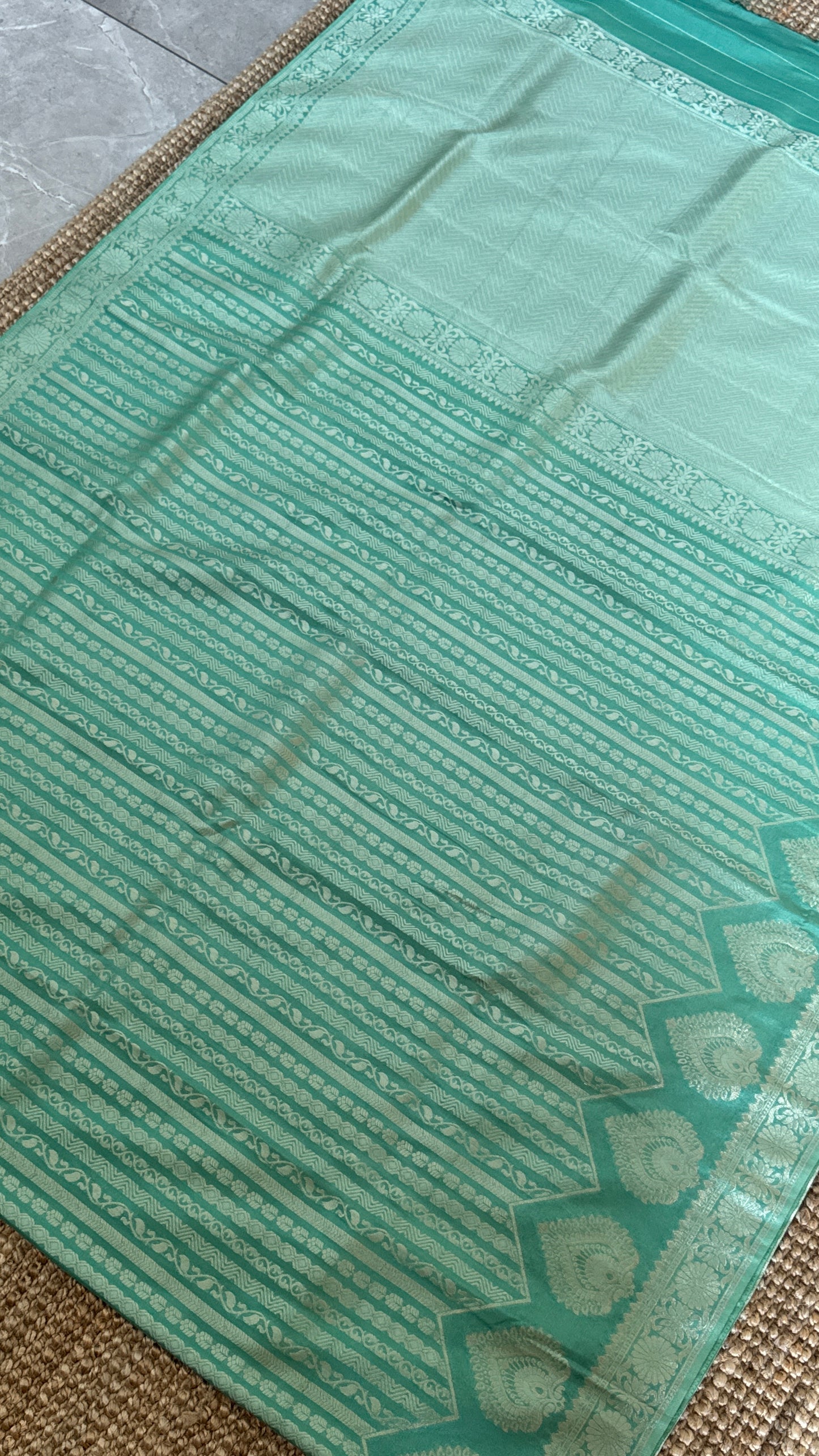 Elegant Georgette Crepe Silk Saree with Silver Banarasi Borders - Aqua/ Sea green