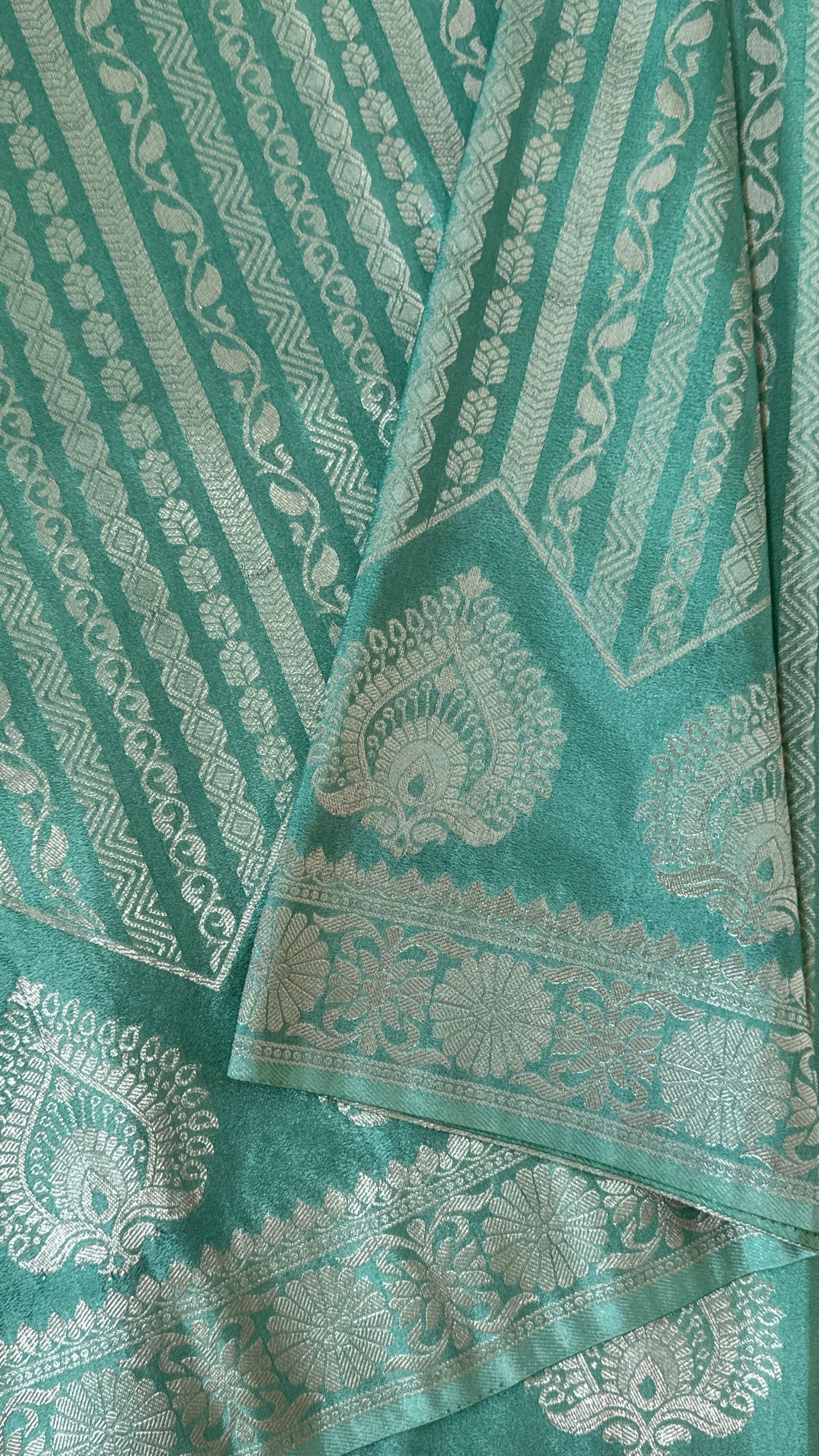 Elegant Georgette Crepe Silk Saree with Silver Banarasi Borders - Aqua/ Sea green