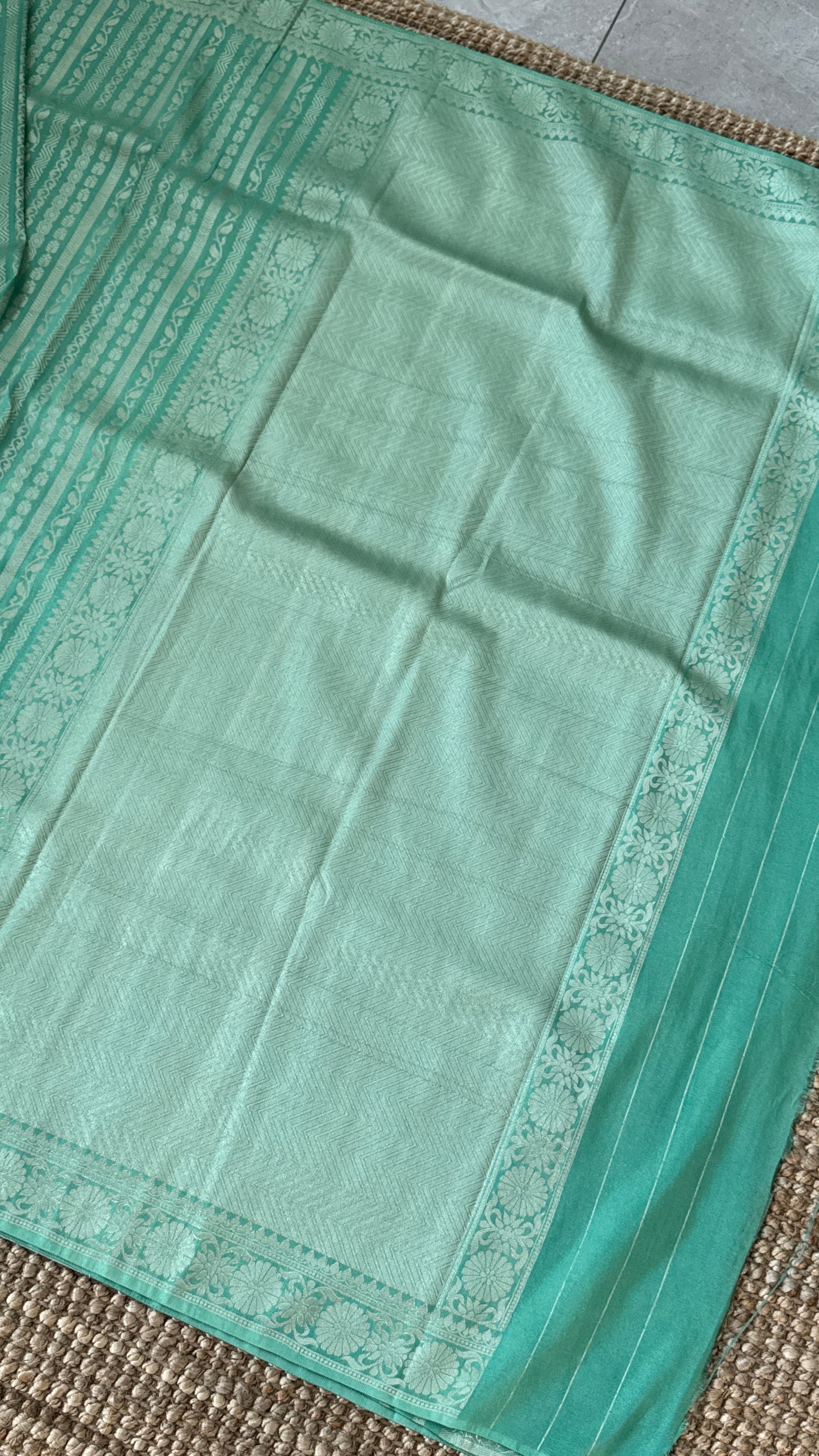 Elegant Georgette Crepe Silk Saree with Silver Banarasi Borders - Aqua/ Sea green