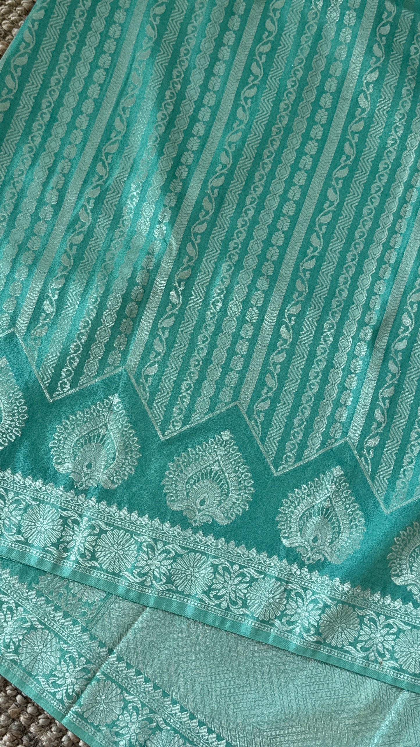 Elegant Georgette Crepe Silk Saree with Silver Banarasi Borders - Aqua/ Sea green