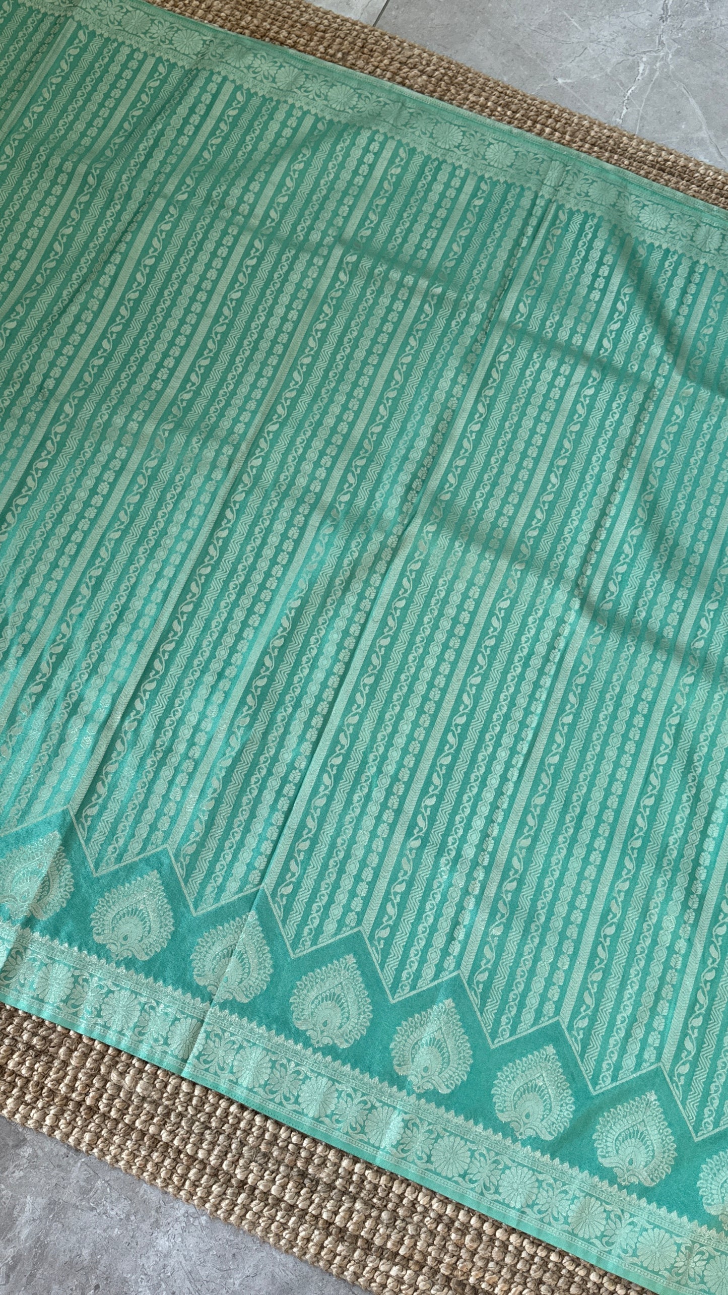 Elegant Georgette Crepe Silk Saree with Silver Banarasi Borders - Aqua/ Sea green