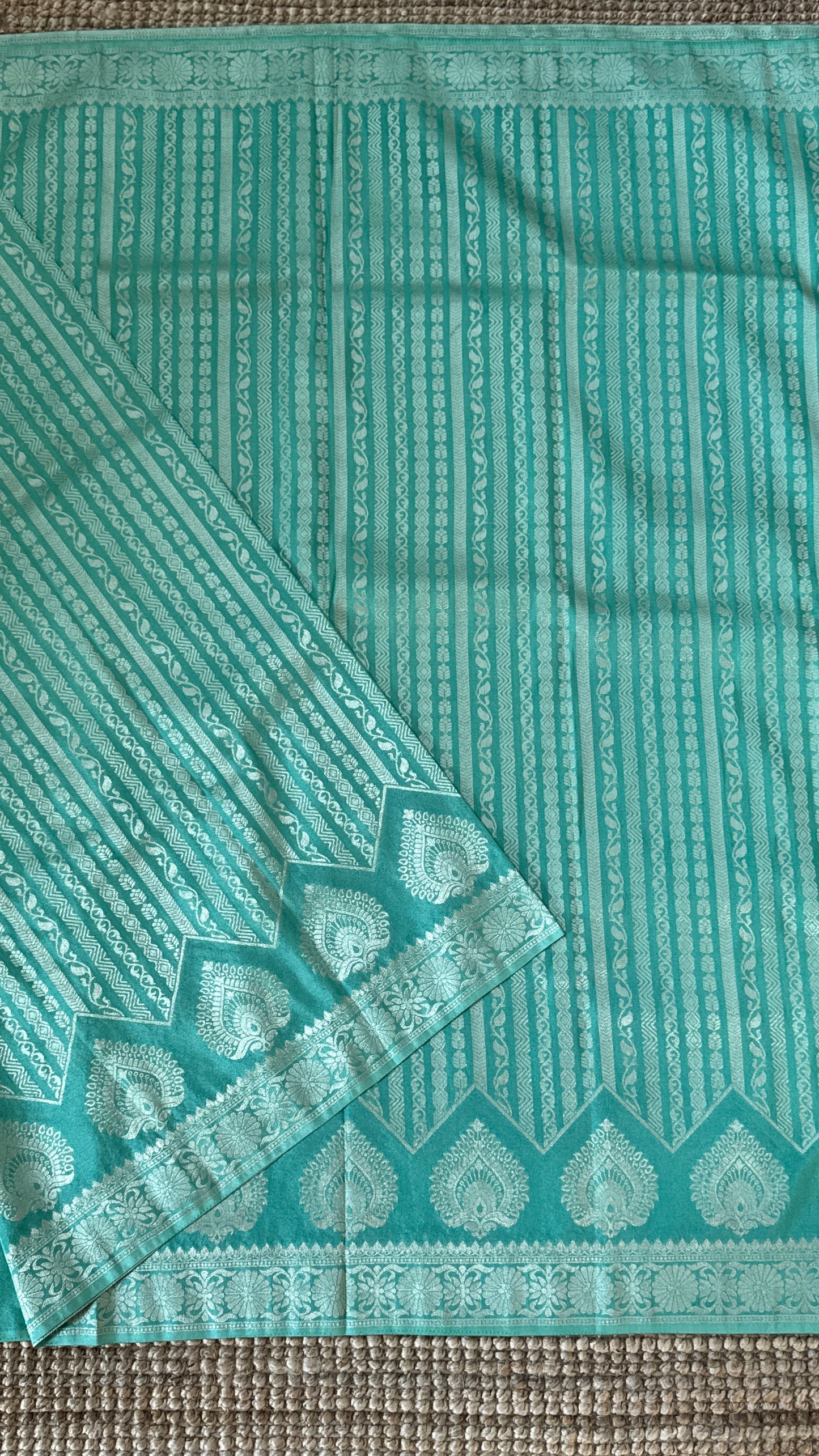 Elegant Georgette Crepe Silk Saree with Silver Banarasi Borders - Aqua/ Sea green