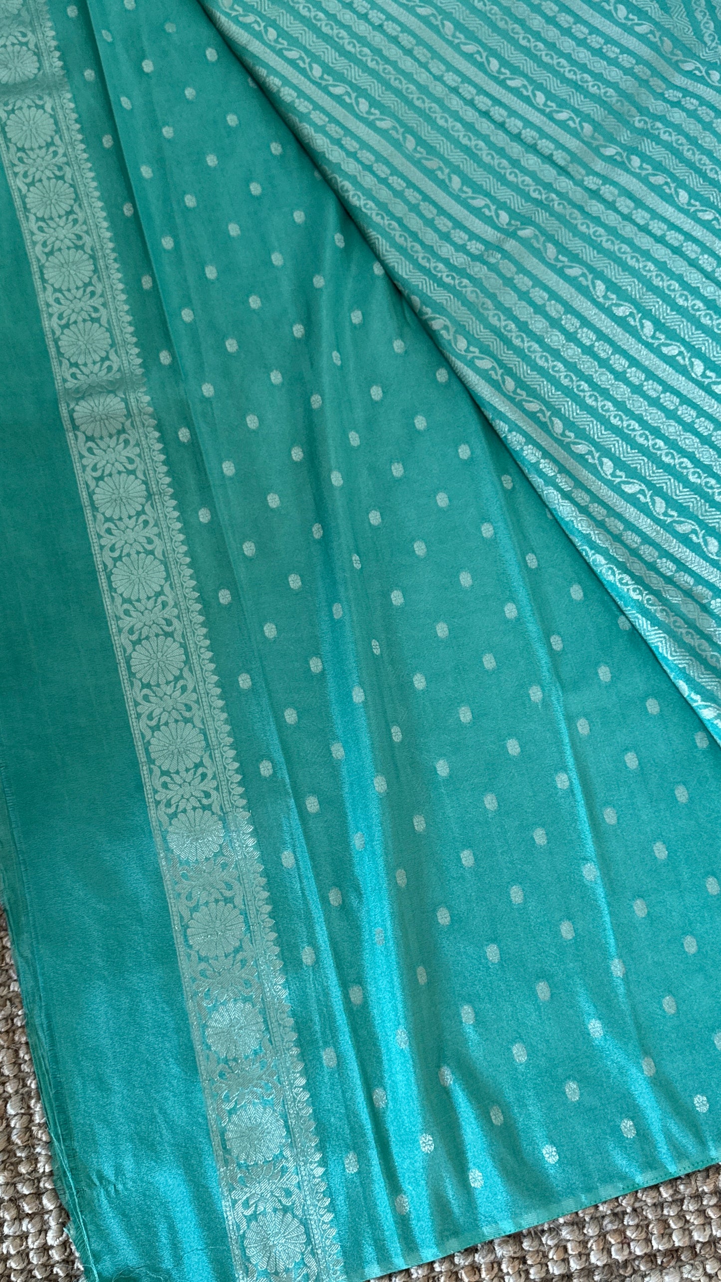 Elegant Georgette Crepe Silk Saree with Silver Banarasi Borders - Aqua/ Sea green