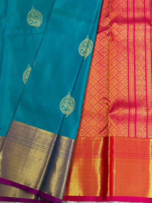KANJIVARAM PURE SILK HANDLOOM SAREE in Rama Blue and contrast Pink border