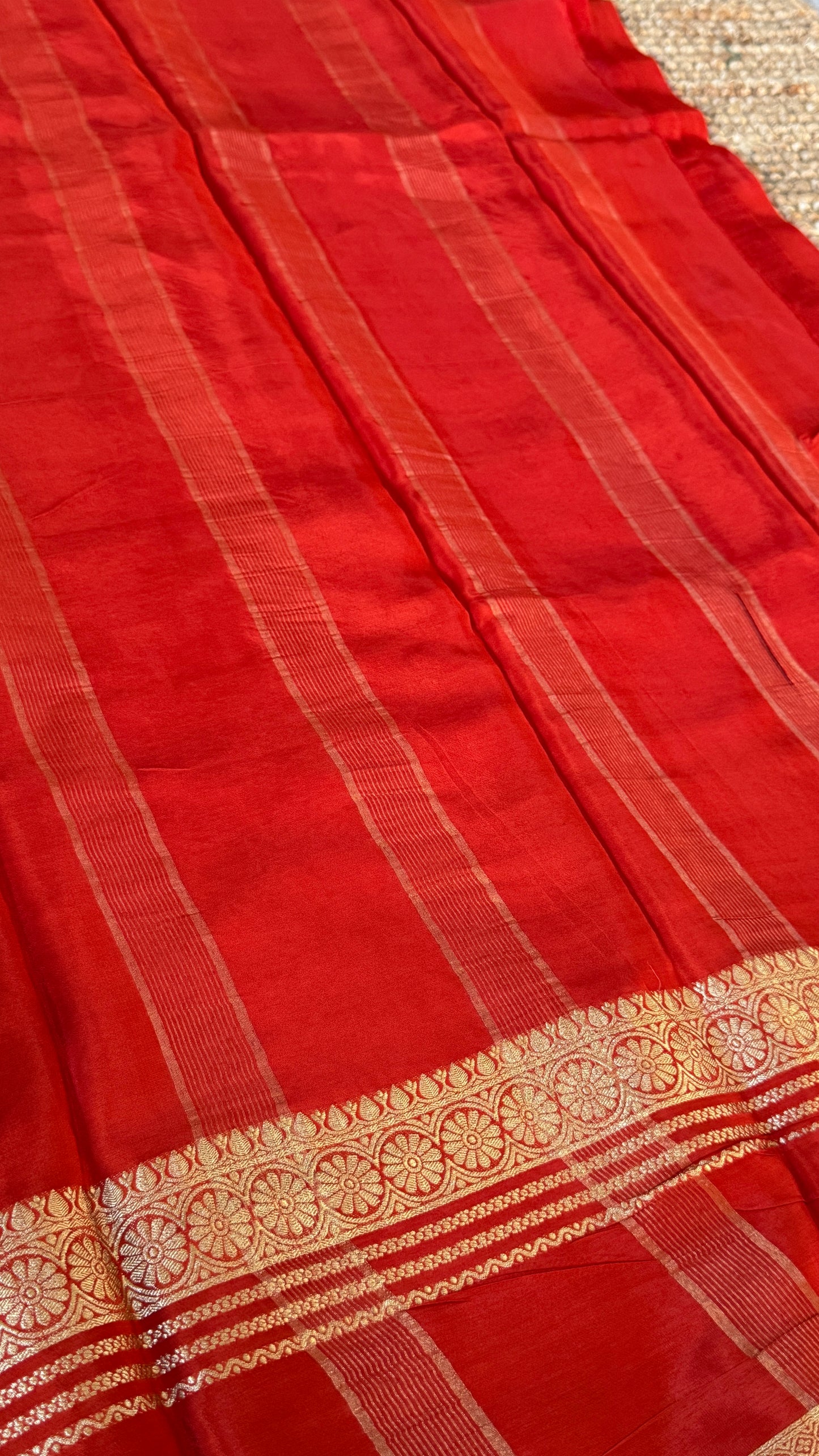 PURE CREPE SILK SAREE – RUST WITH MYSORE SILK DOUBLE BORDER