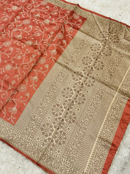 HANDLOOM SEMI TUSSAR RAW SILK EMBROIDERED SAREE β PEACH
