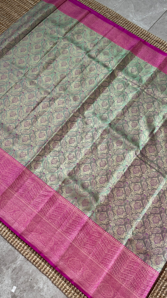 PURE TISSUE KANJIVARAM SILK HANDLOOM SAREE β BLUISH GREY WITH PINK - GOLD BORDER