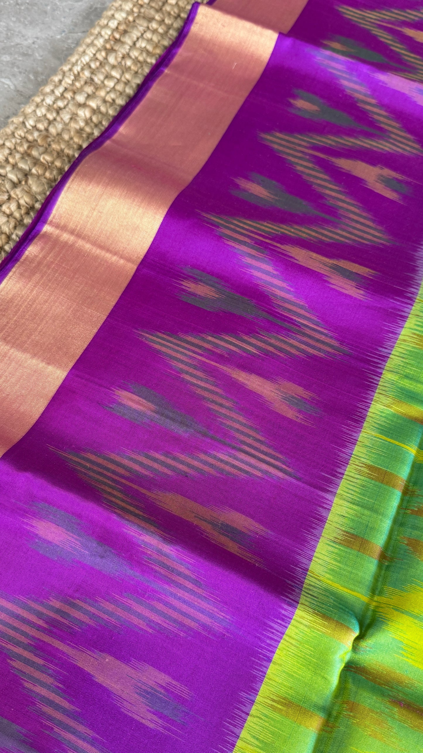 PURE SOFT SILK HANDLOOM SAREE – PARROT GREEN BODY WITH PURPLE PALLU & IKKAT DESIGN