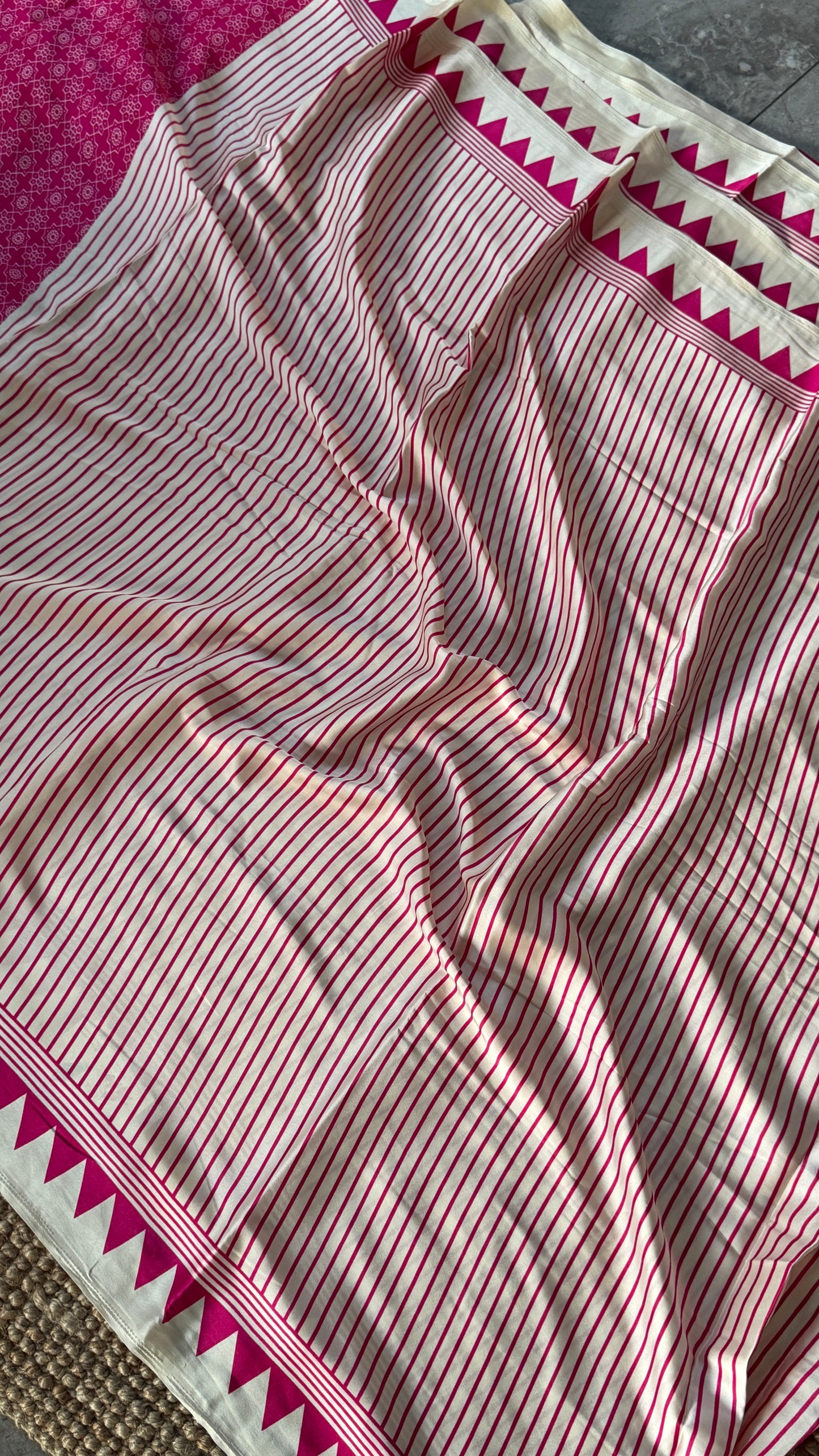 White and Hotpink Modal Satin Saree with Temple Printed Border & Circle Design Pallu
