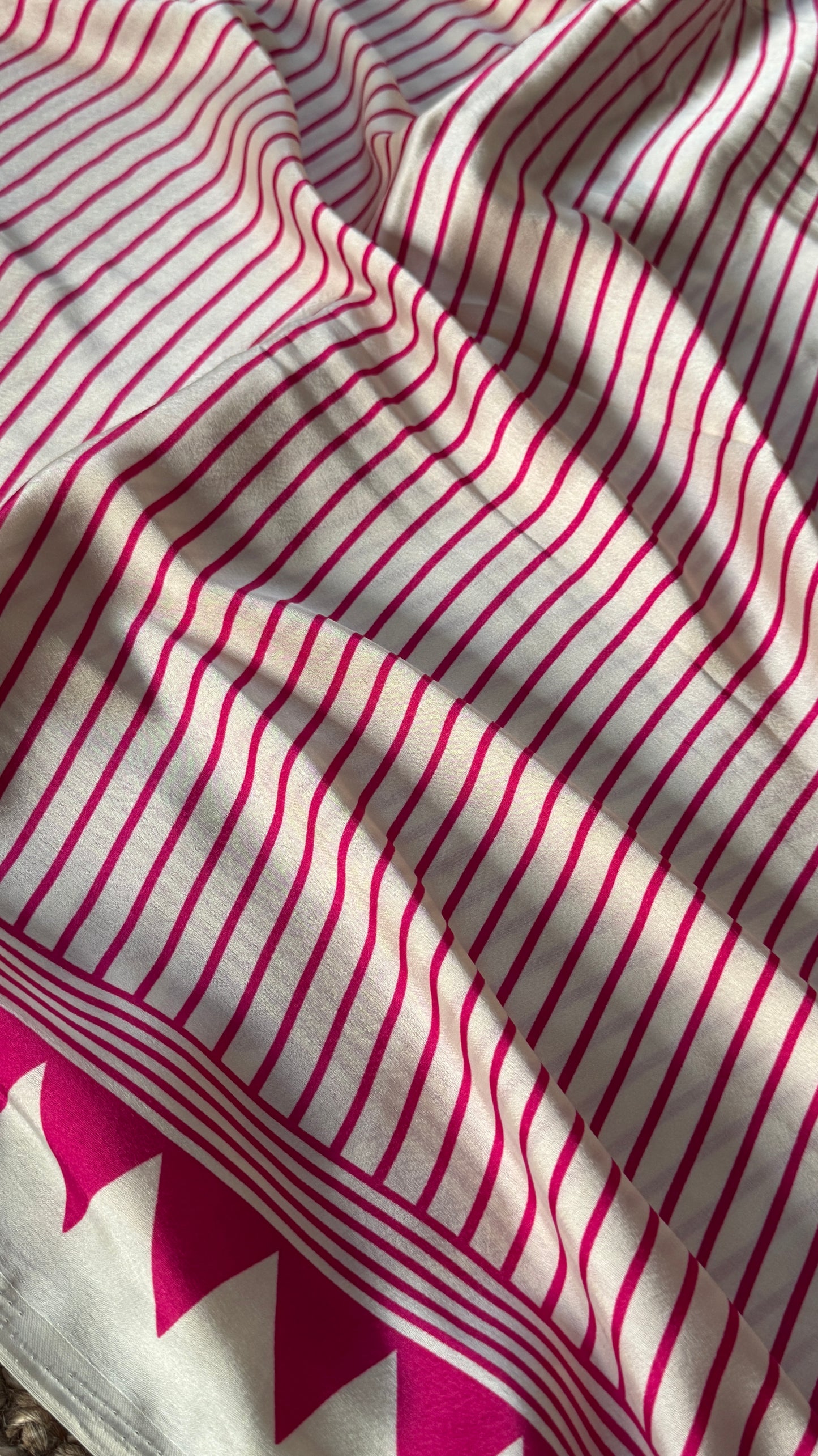 White and Hotpink Modal Satin Saree with Temple Printed Border & Circle Design Pallu