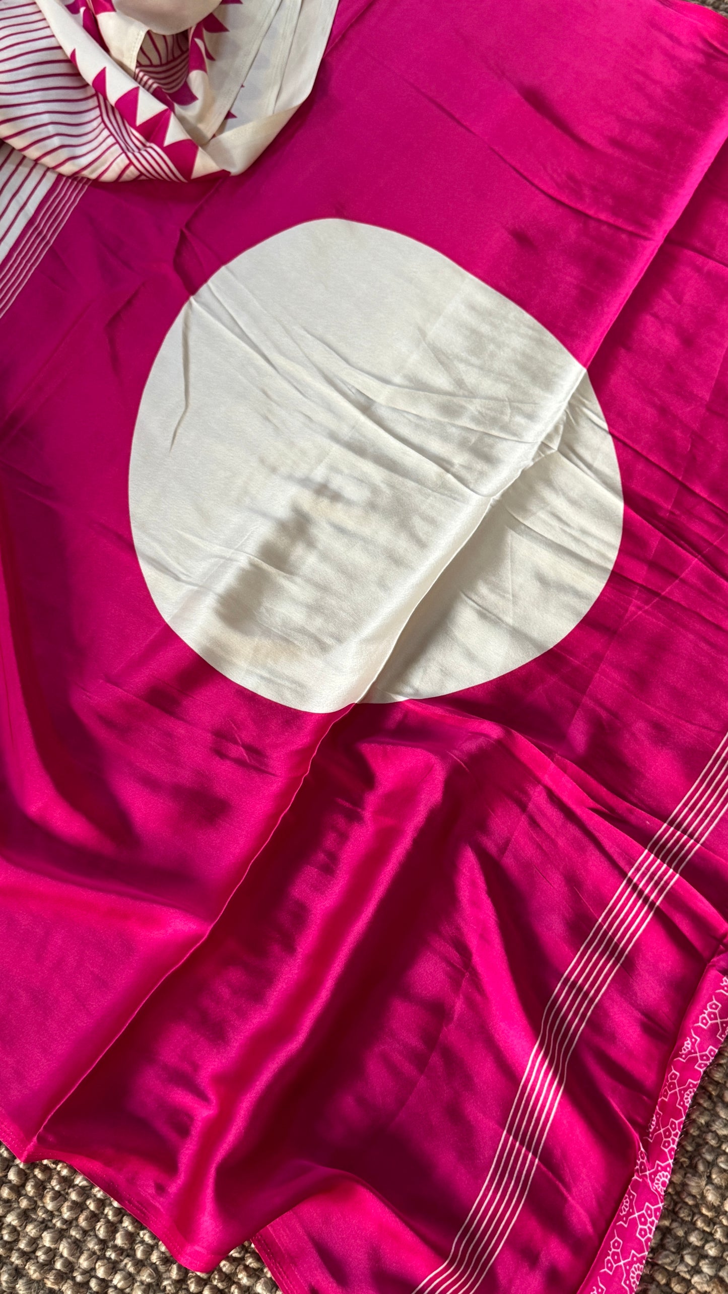 White and Hotpink Modal Satin Saree with Temple Printed Border & Circle Design Pallu