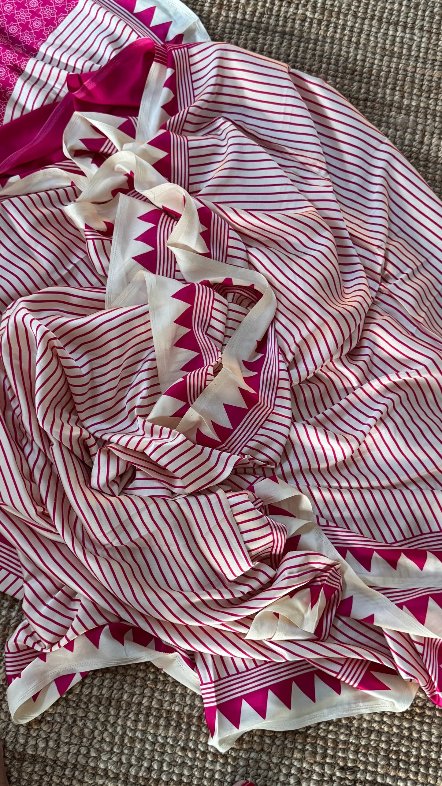 White and Hotpink Modal Satin Saree with Temple Printed Border & Circle Design Pallu