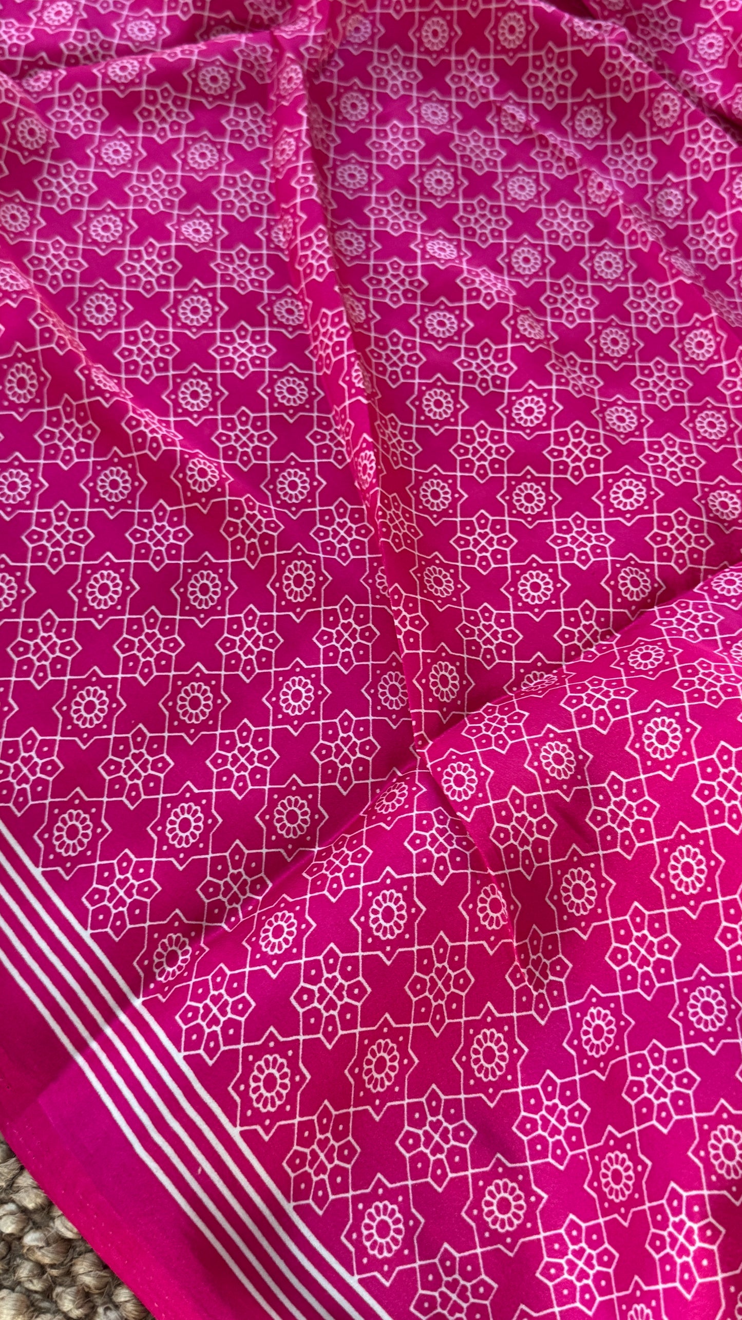 White and Hotpink Modal Satin Saree with Temple Printed Border & Circle Design Pallu