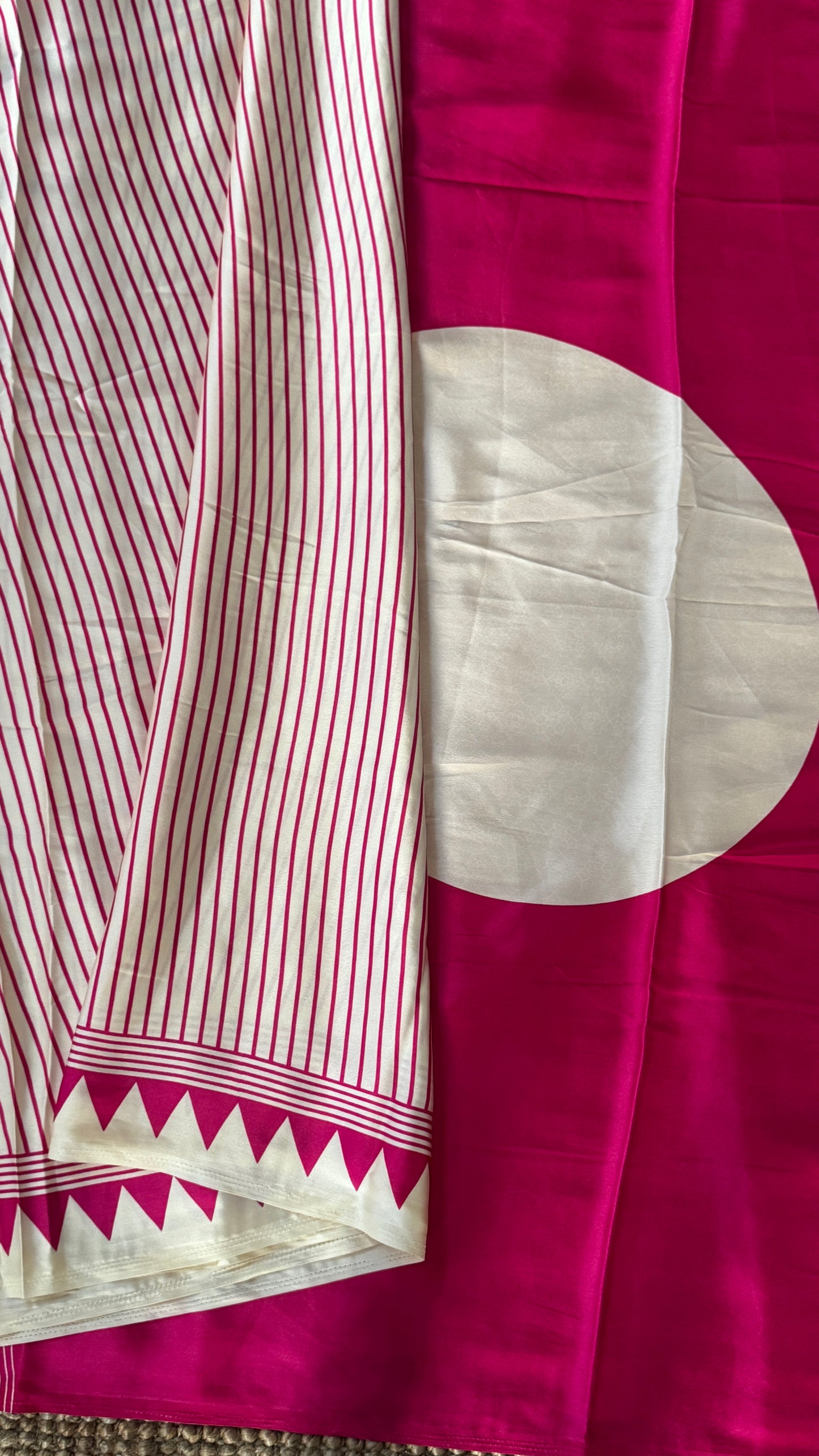 White and Hotpink Modal Satin Saree with Temple Printed Border & Circle Design Pallu