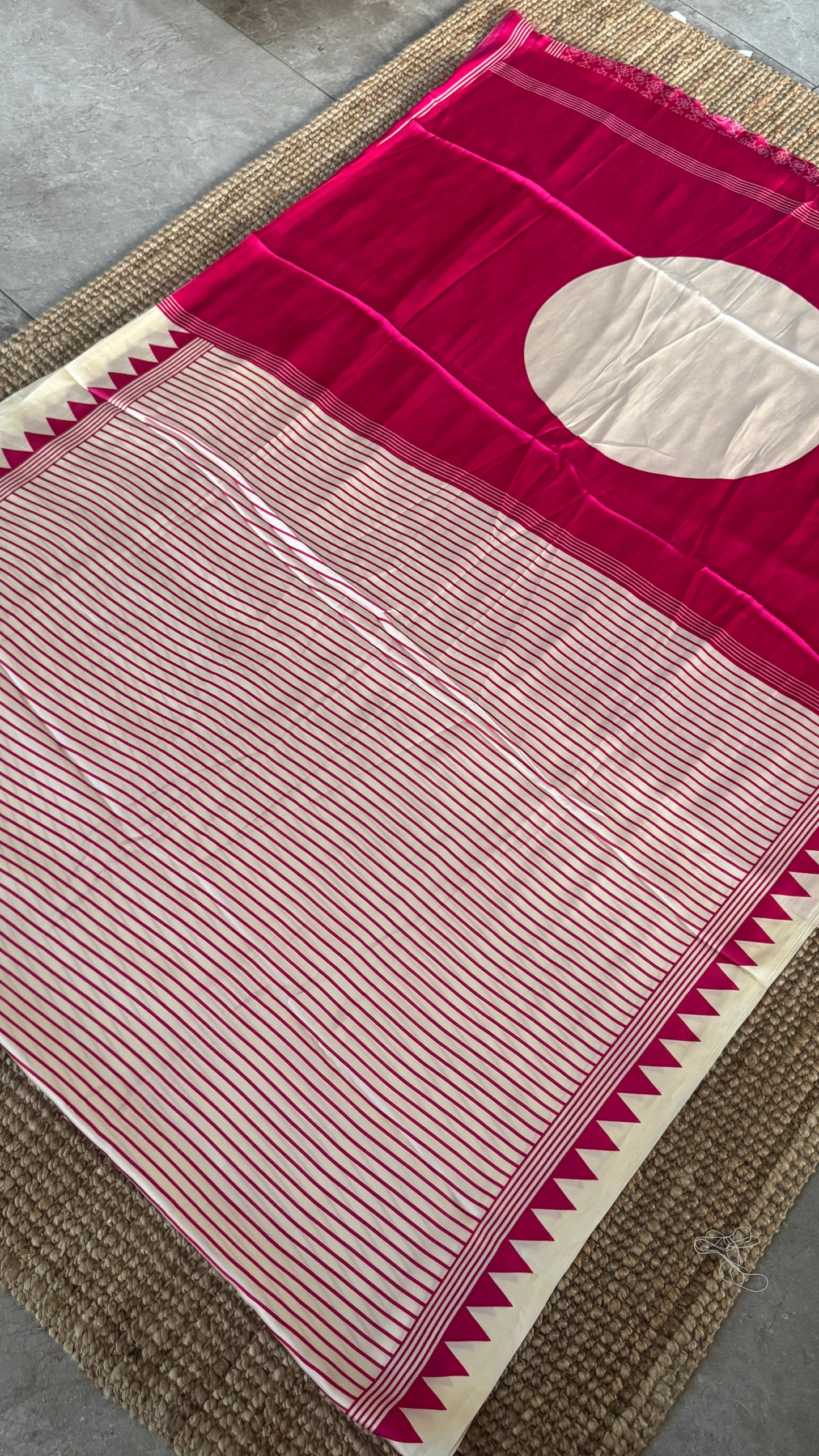 White and Hotpink Modal Satin Saree with Temple Printed Border & Circle Design Pallu