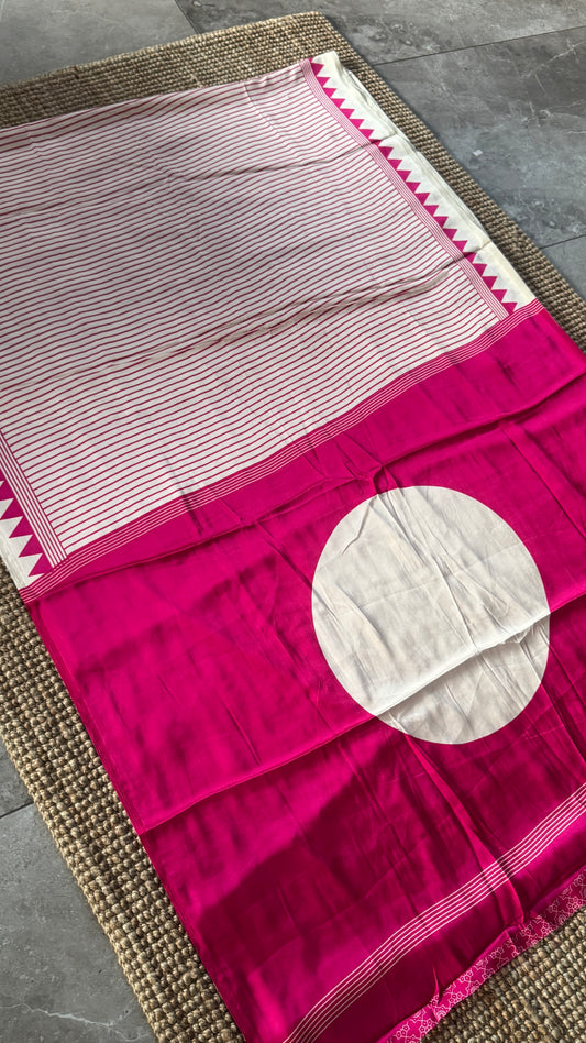 White and Hotpink Modal Satin Saree with Temple Printed Border & Circle Design Pallu