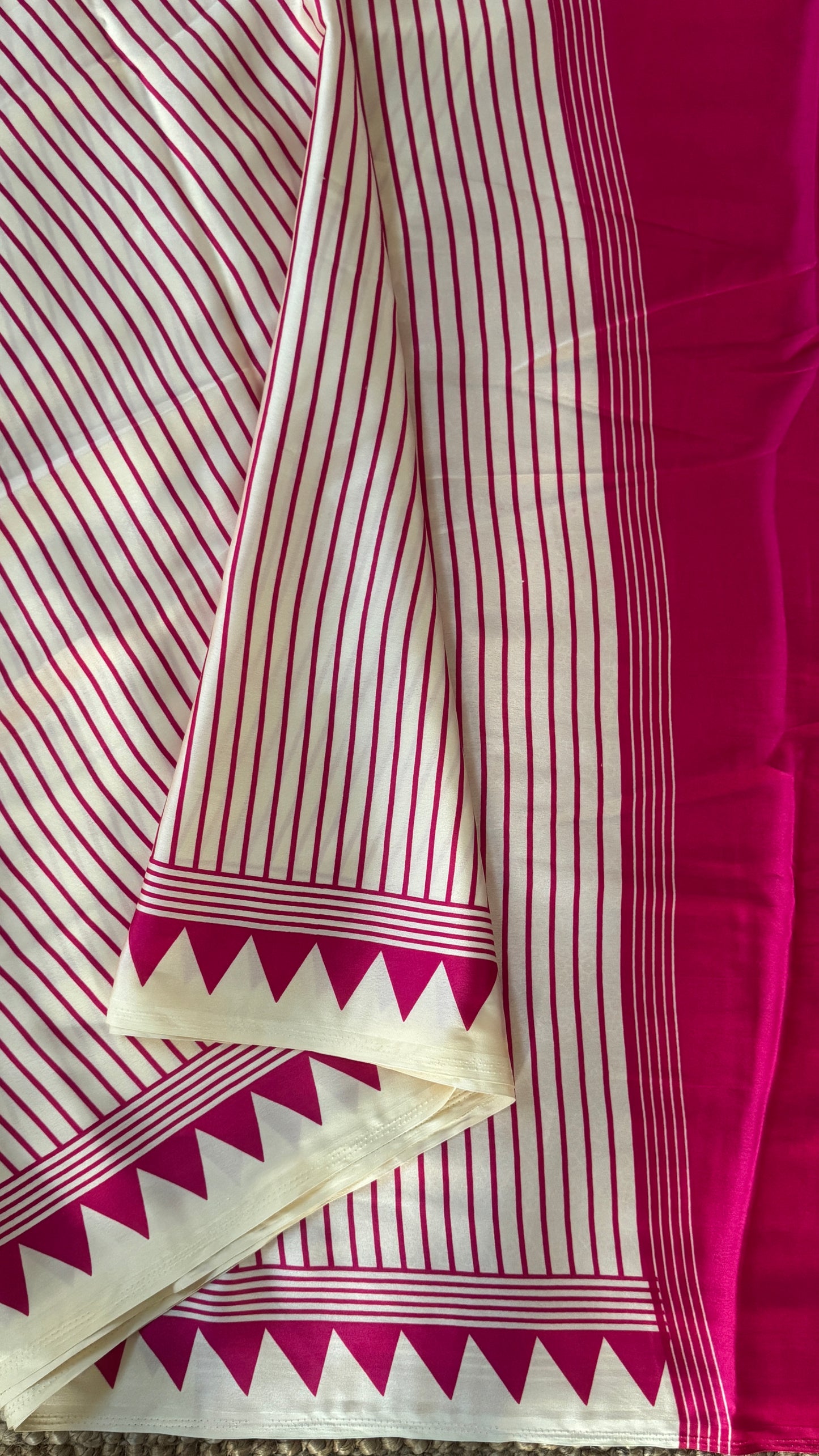 White and Hotpink Modal Satin Saree with Temple Printed Border & Circle Design Pallu