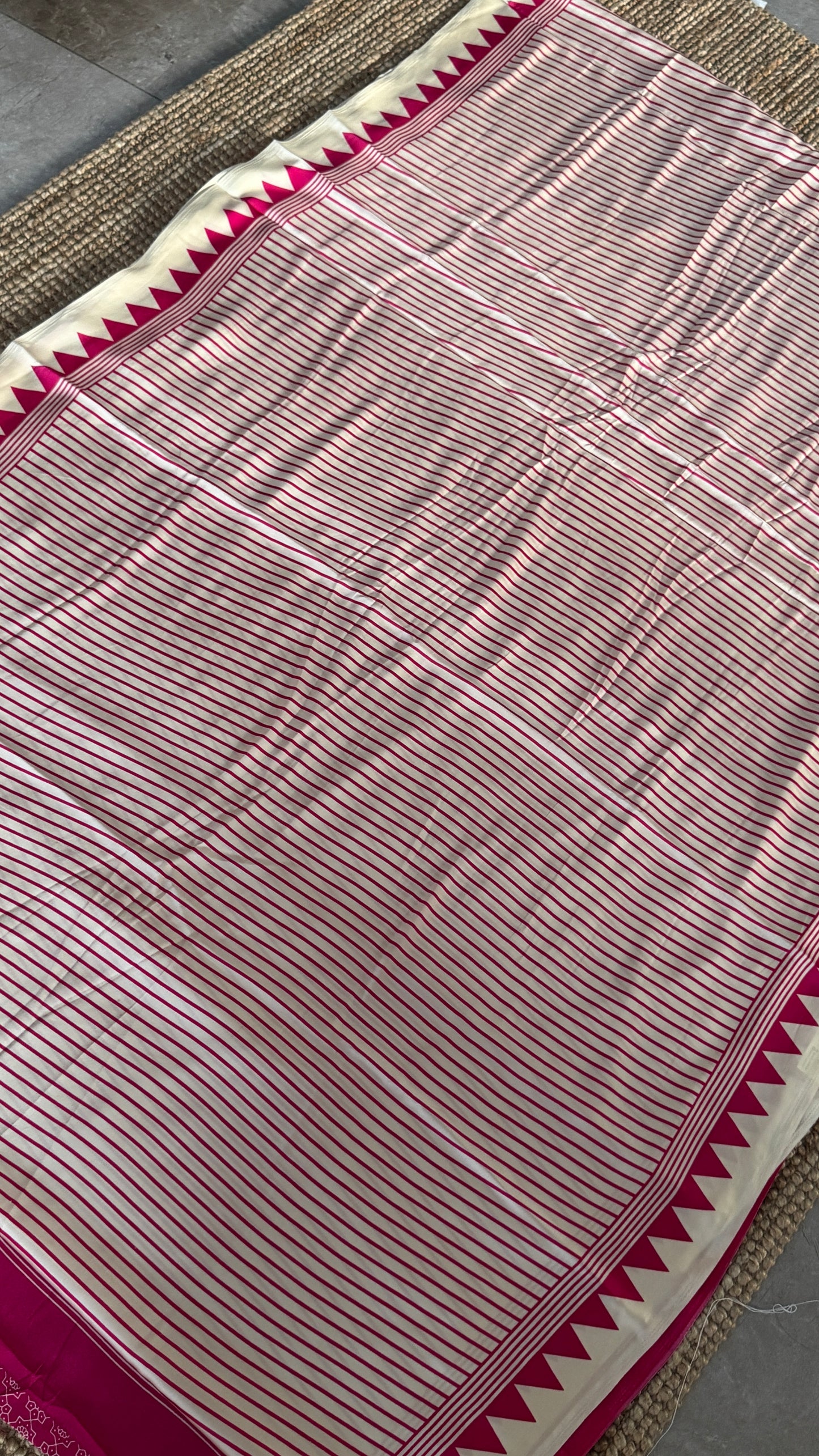 White and Hotpink Modal Satin Saree with Temple Printed Border & Circle Design Pallu
