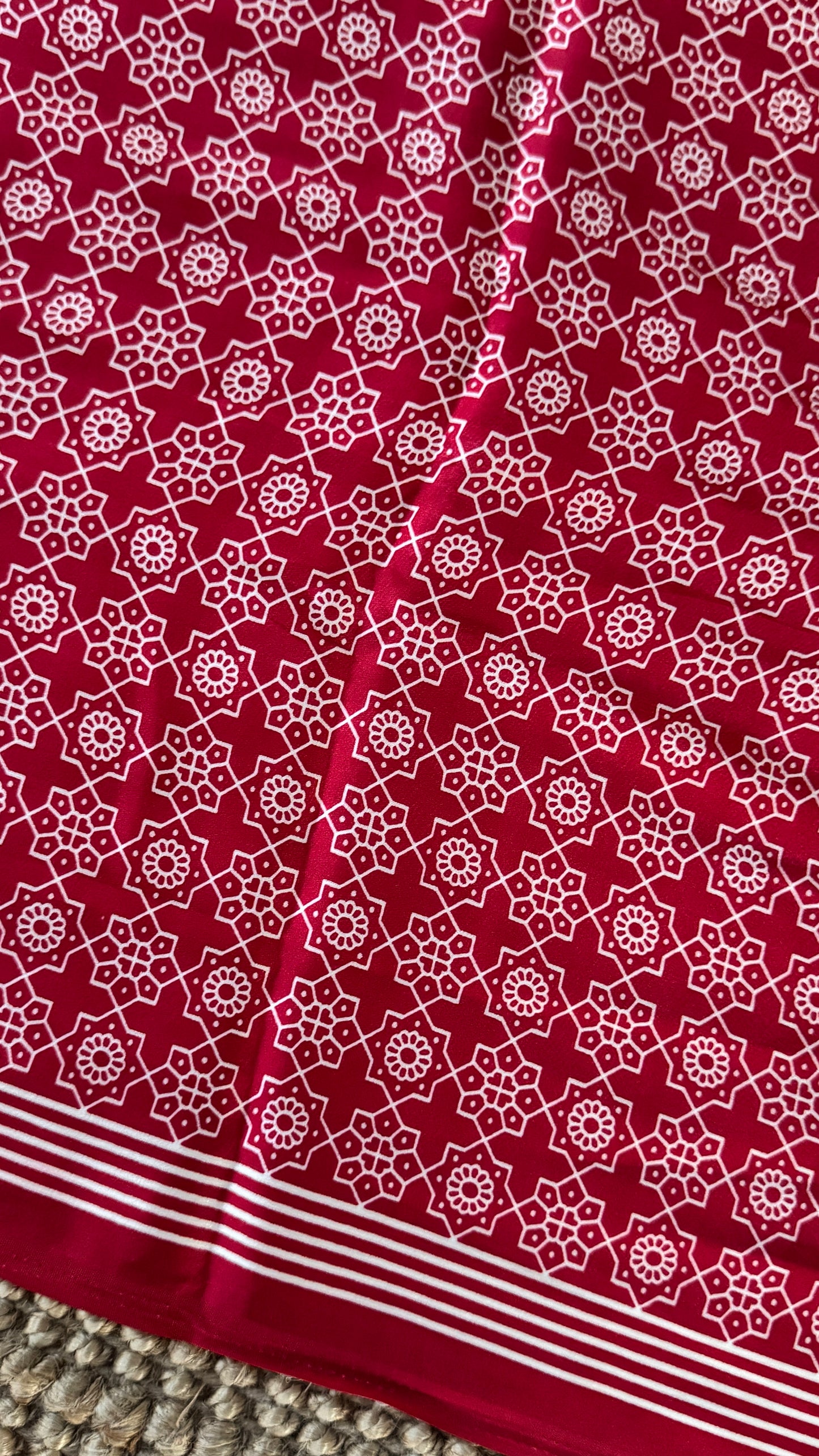 White and Red Modal Satin Saree with Temple Printed Border & Circle Design Pallu