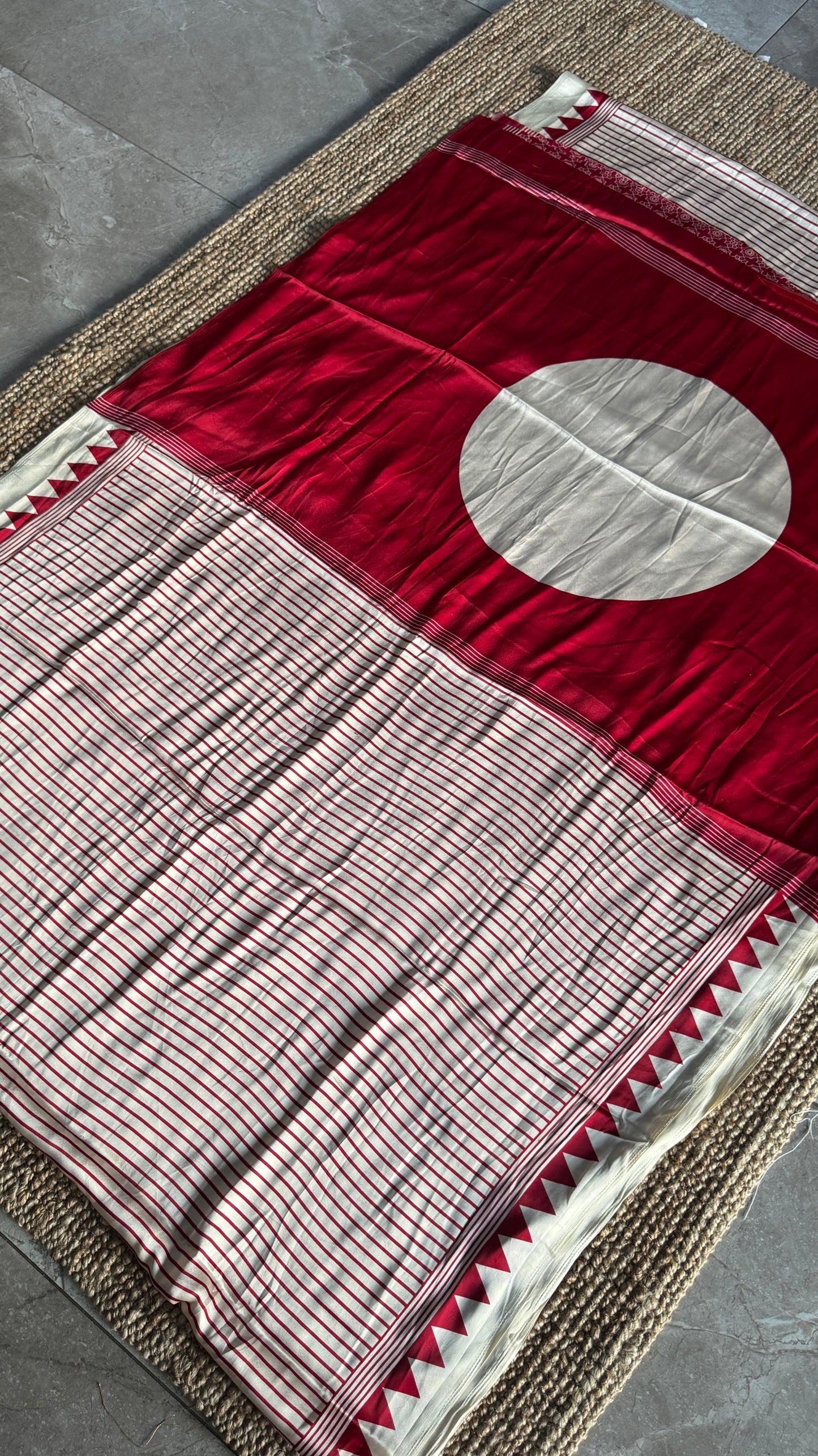 White and Red Modal Satin Saree with Temple Printed Border & Circle Design Pallu