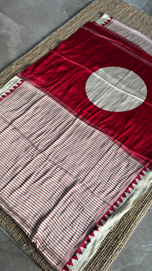 White and Red Modal Satin Saree with Temple Printed Border & Circle Design Pallu