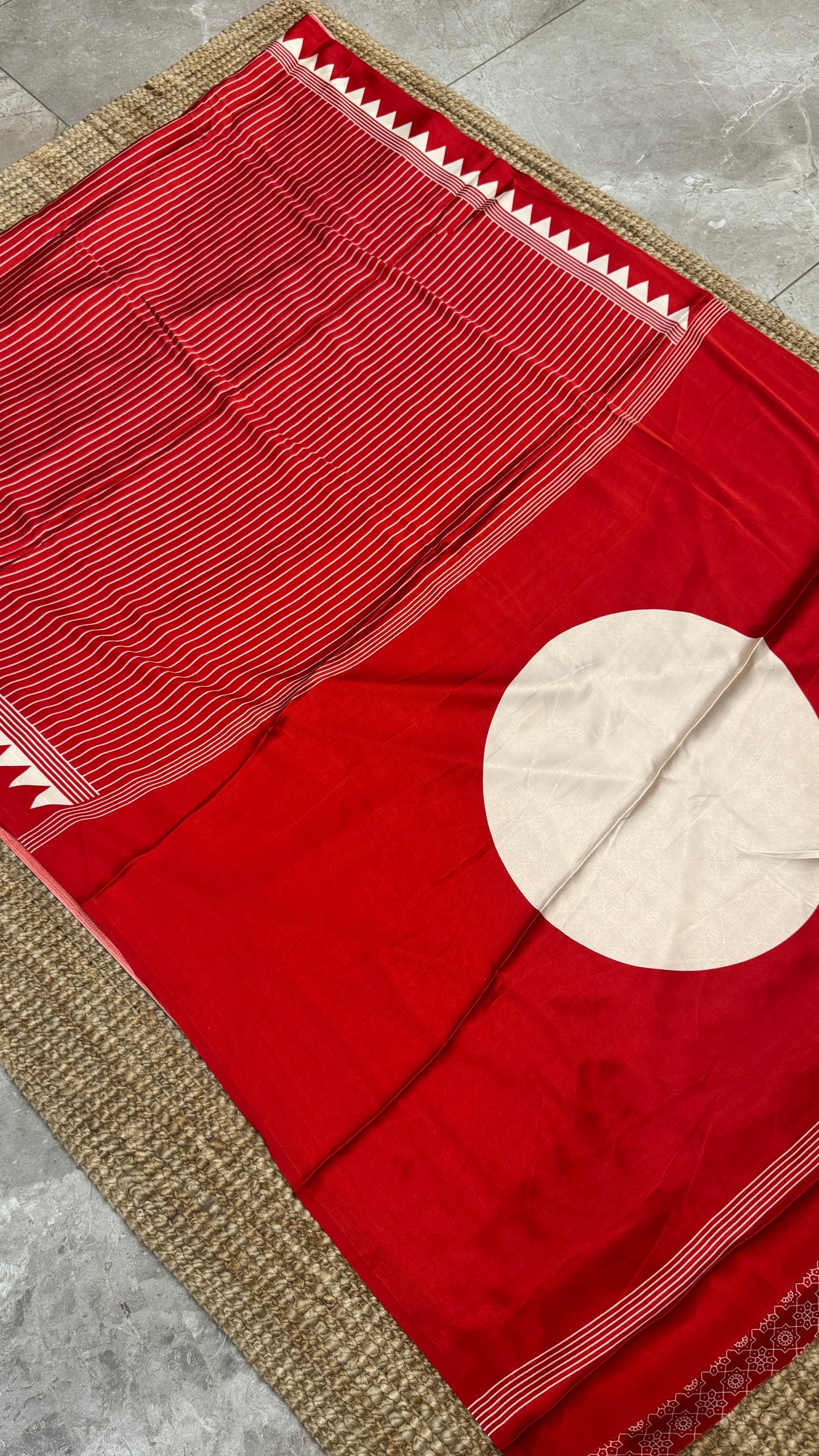 Red Modal Satin Saree with Temple Printed Border & Circle Design Pallu