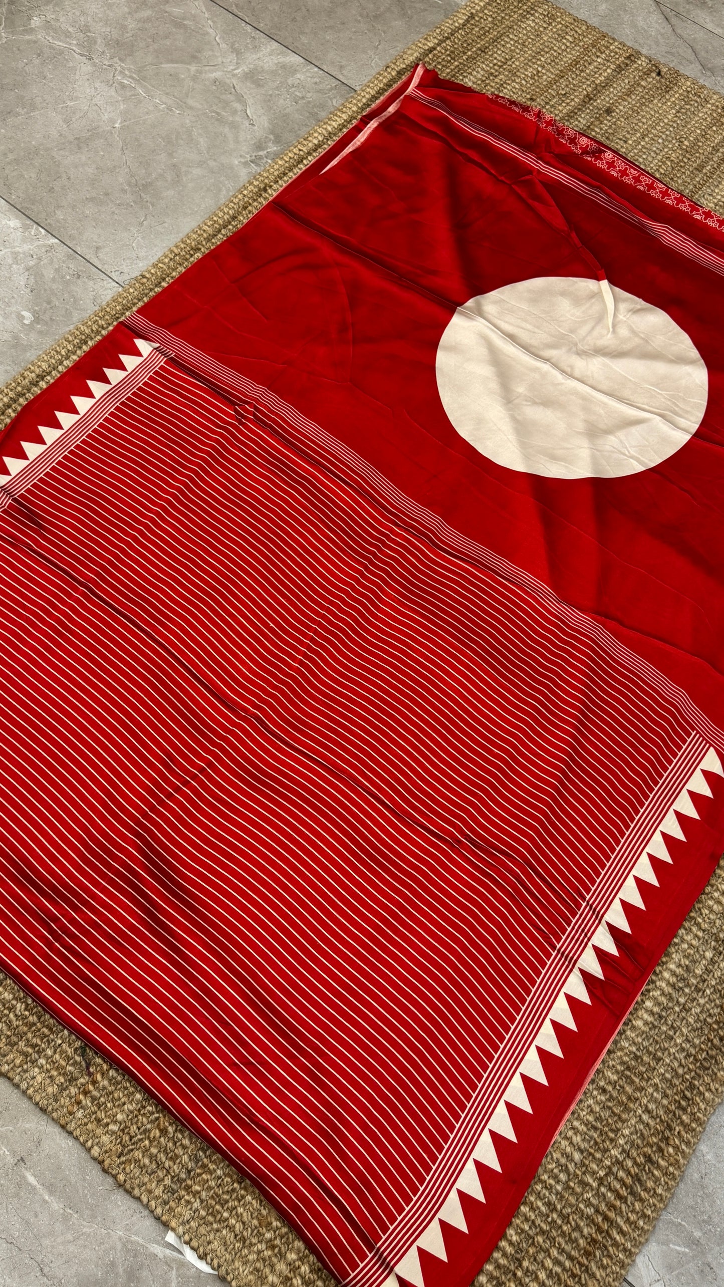 Red Modal Satin Saree with Temple Printed Border & Circle Design Pallu
