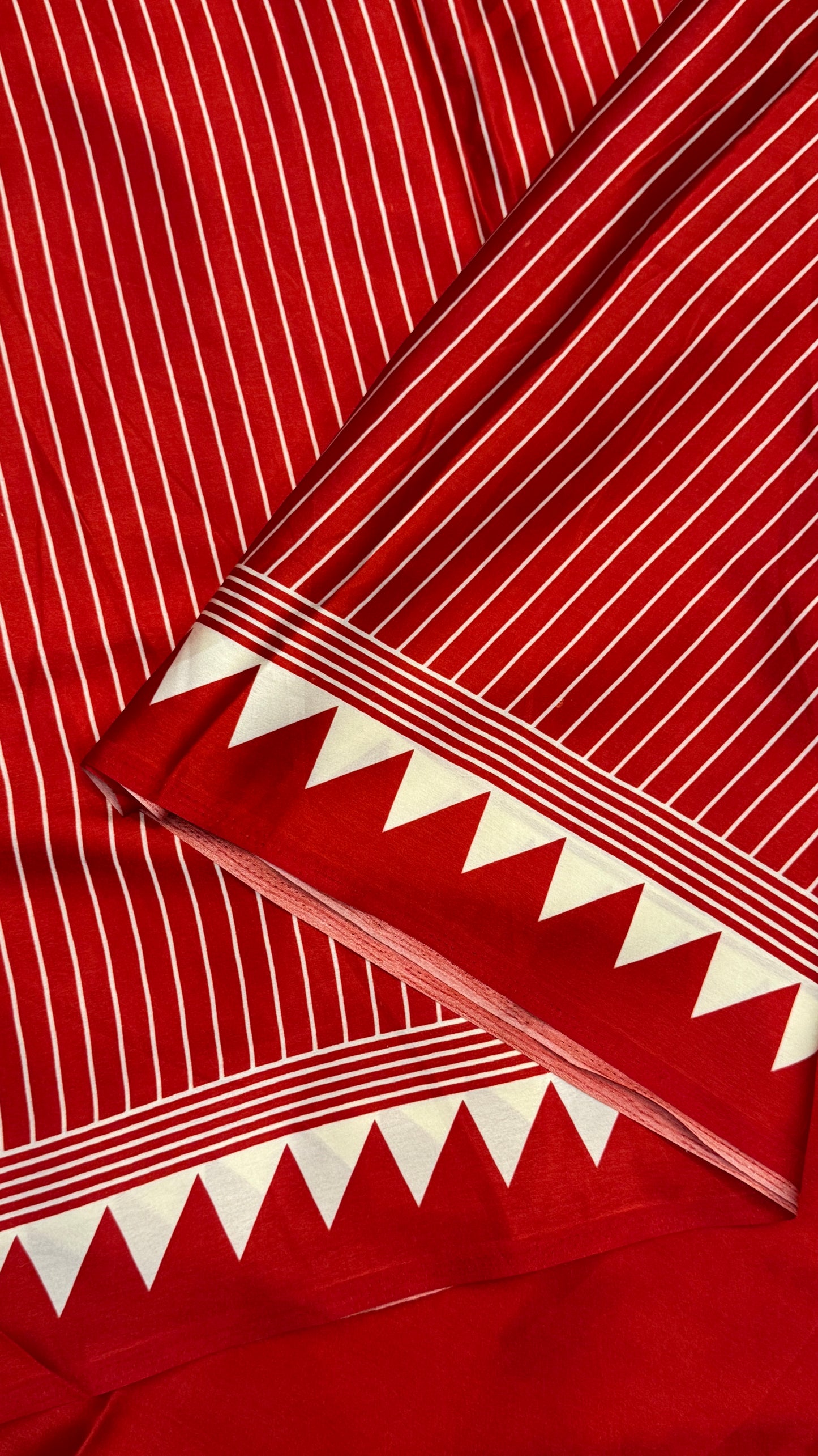 Red Modal Satin Saree with Temple Printed Border & Circle Design Pallu