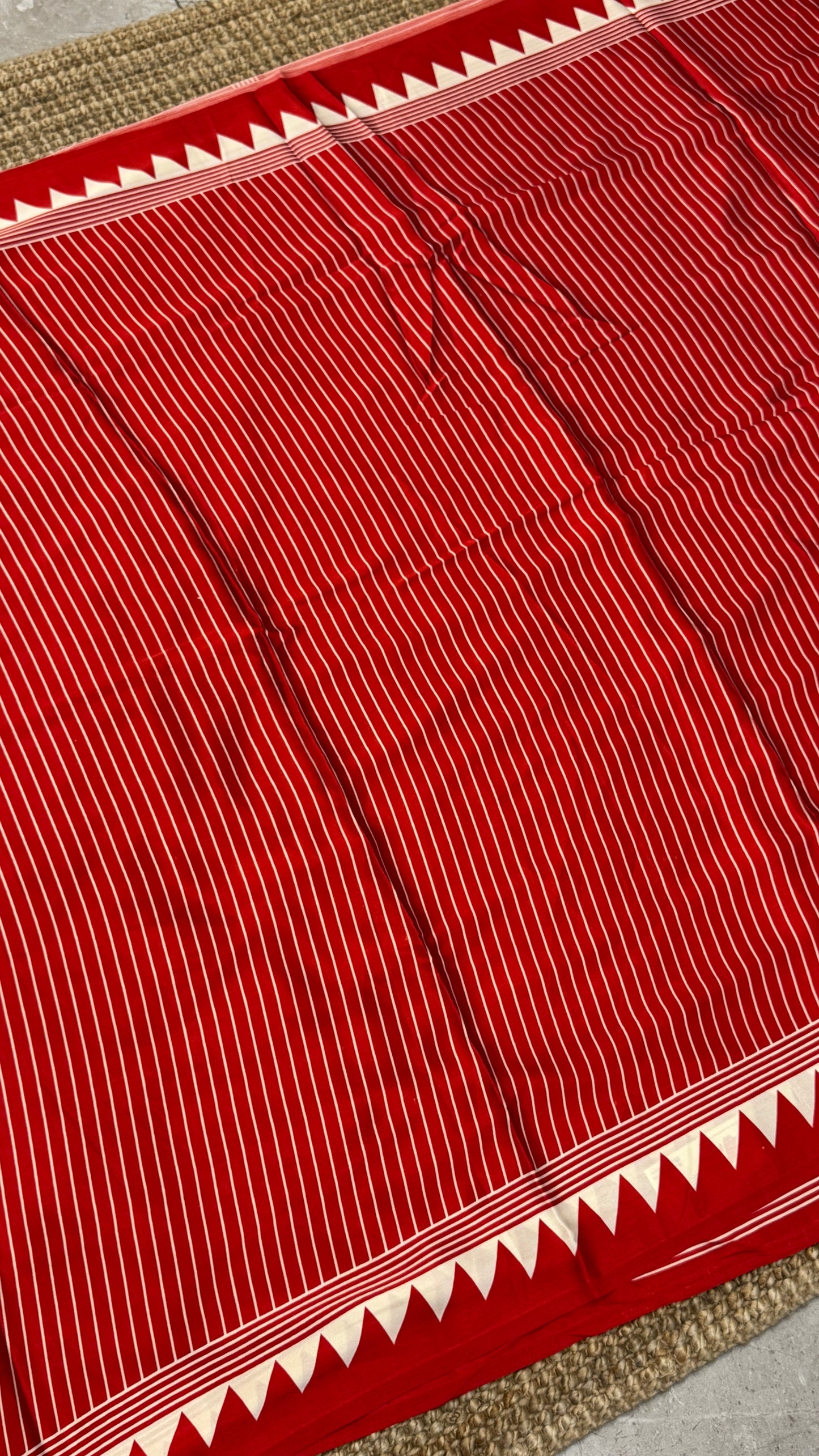 Red Modal Satin Saree with Temple Printed Border & Circle Design Pallu