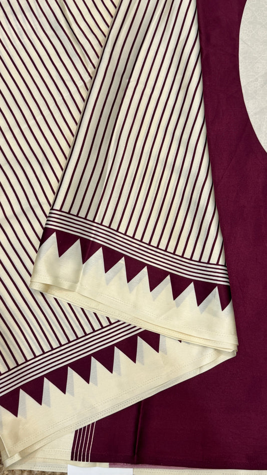 White & Wine Modal Satin Saree with Temple Printed Border & Circle Design Pallu