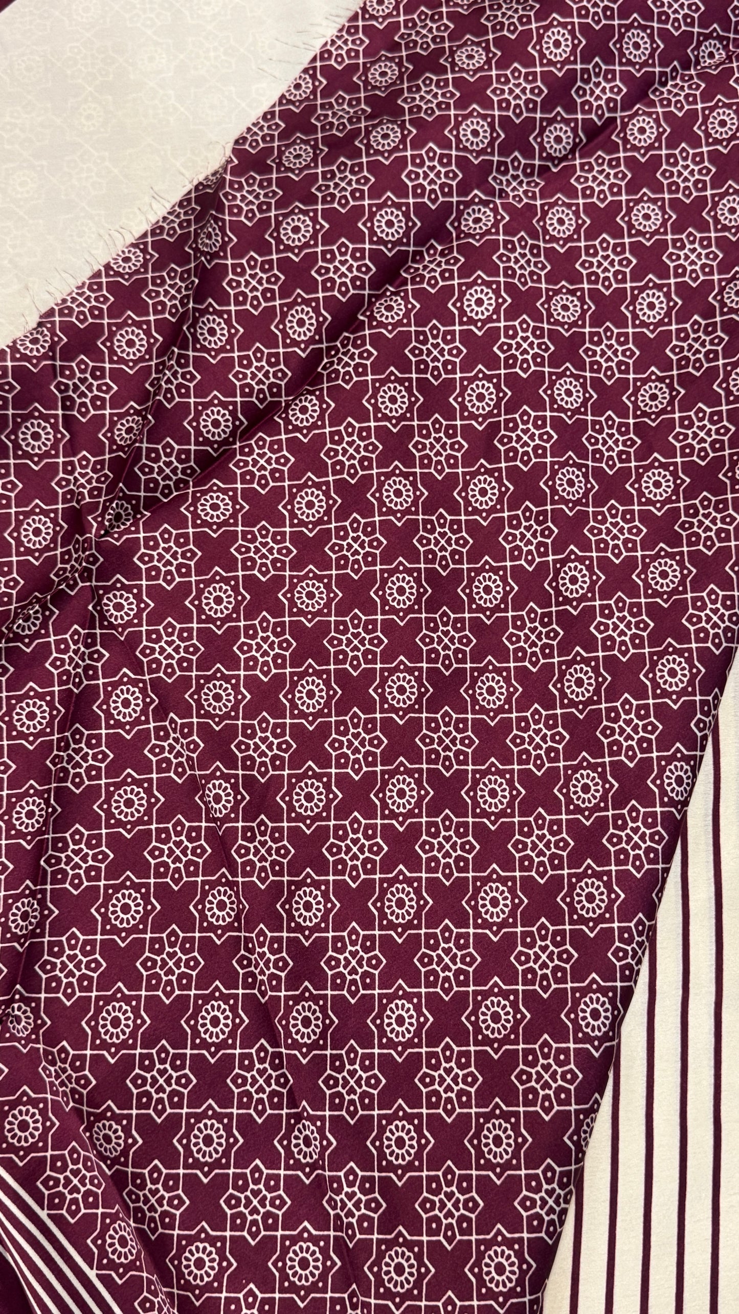 White & Wine Modal Satin Saree with Temple Printed Border & Circle Design Pallu