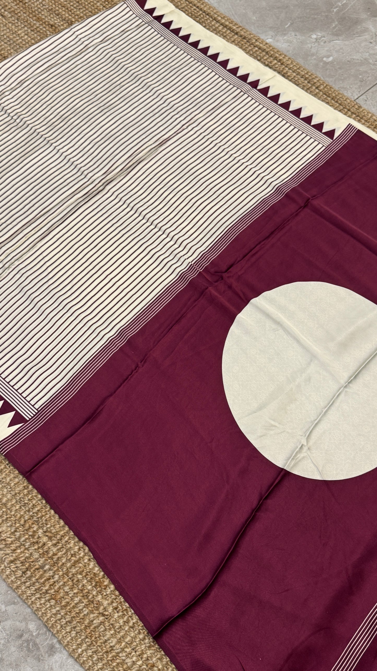 White & Wine Modal Satin Saree with Temple Printed Border & Circle Design Pallu