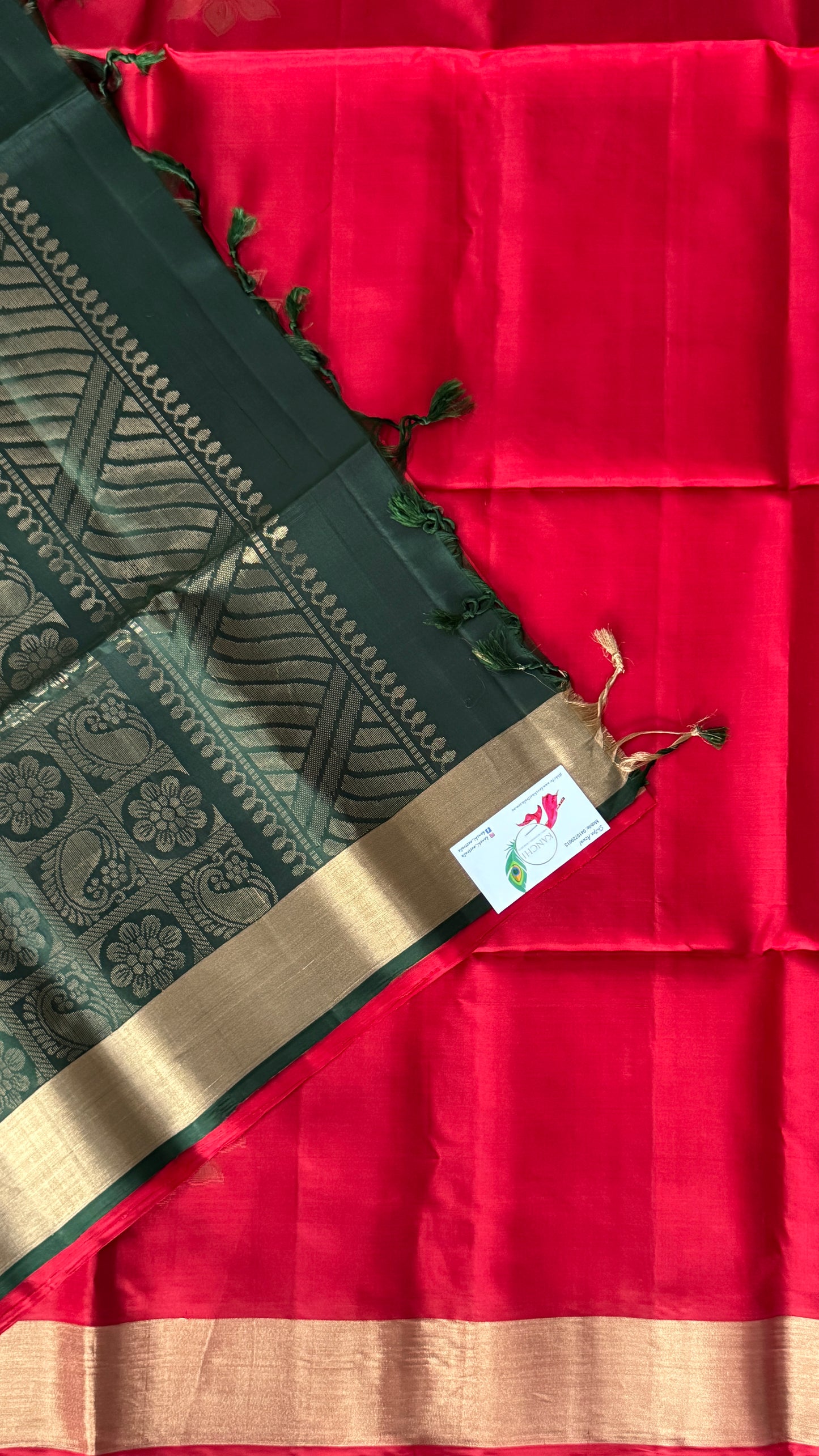 KANCHIVARAM PURE SOFT SILK HANDLOOM SAREE – Red with Bottle Green Pallu