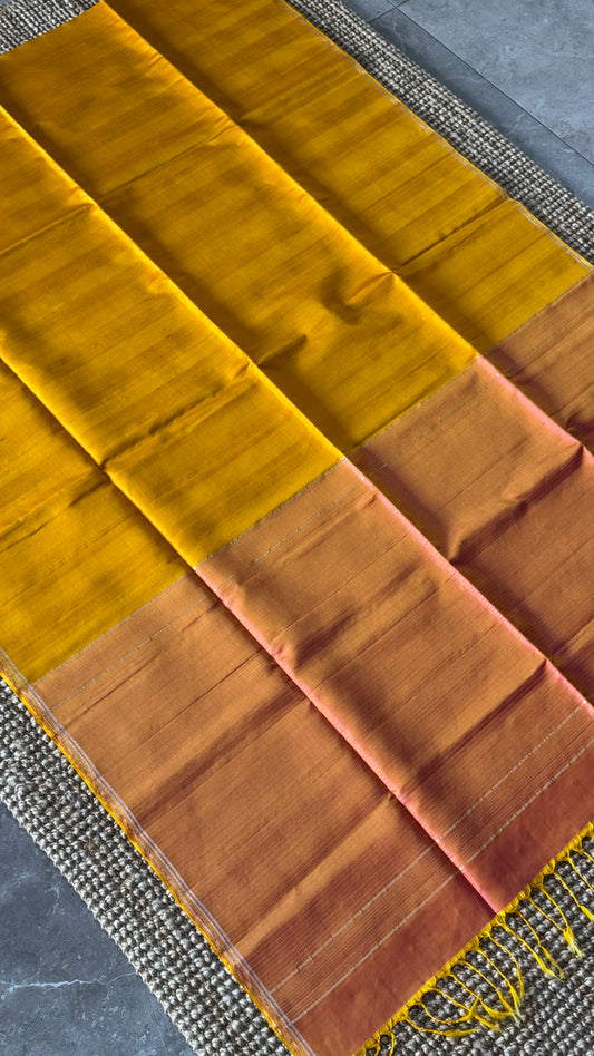 KANCHIVARAM PURE SOFT SILK HANDLOOM SAREE β MUSTARD YELLOW WITH BABY PINK PALLU