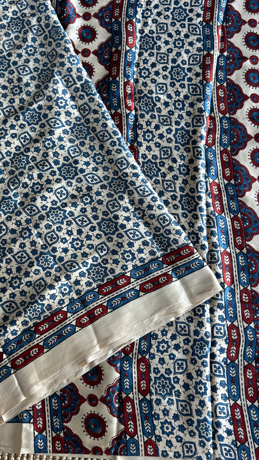 MODAL SILK SAREE WITH DIGITAL AJRAKH PRINTS - Half White