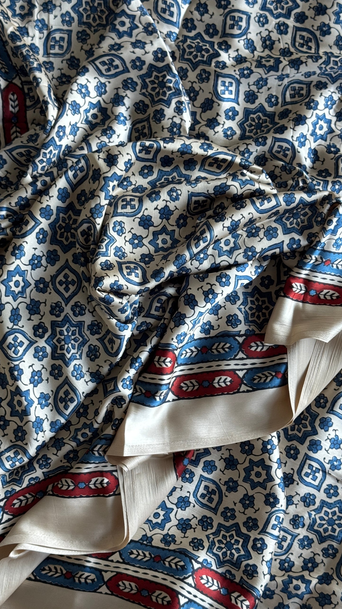 MODAL SILK SAREE WITH DIGITAL AJRAKH PRINTS - Half White