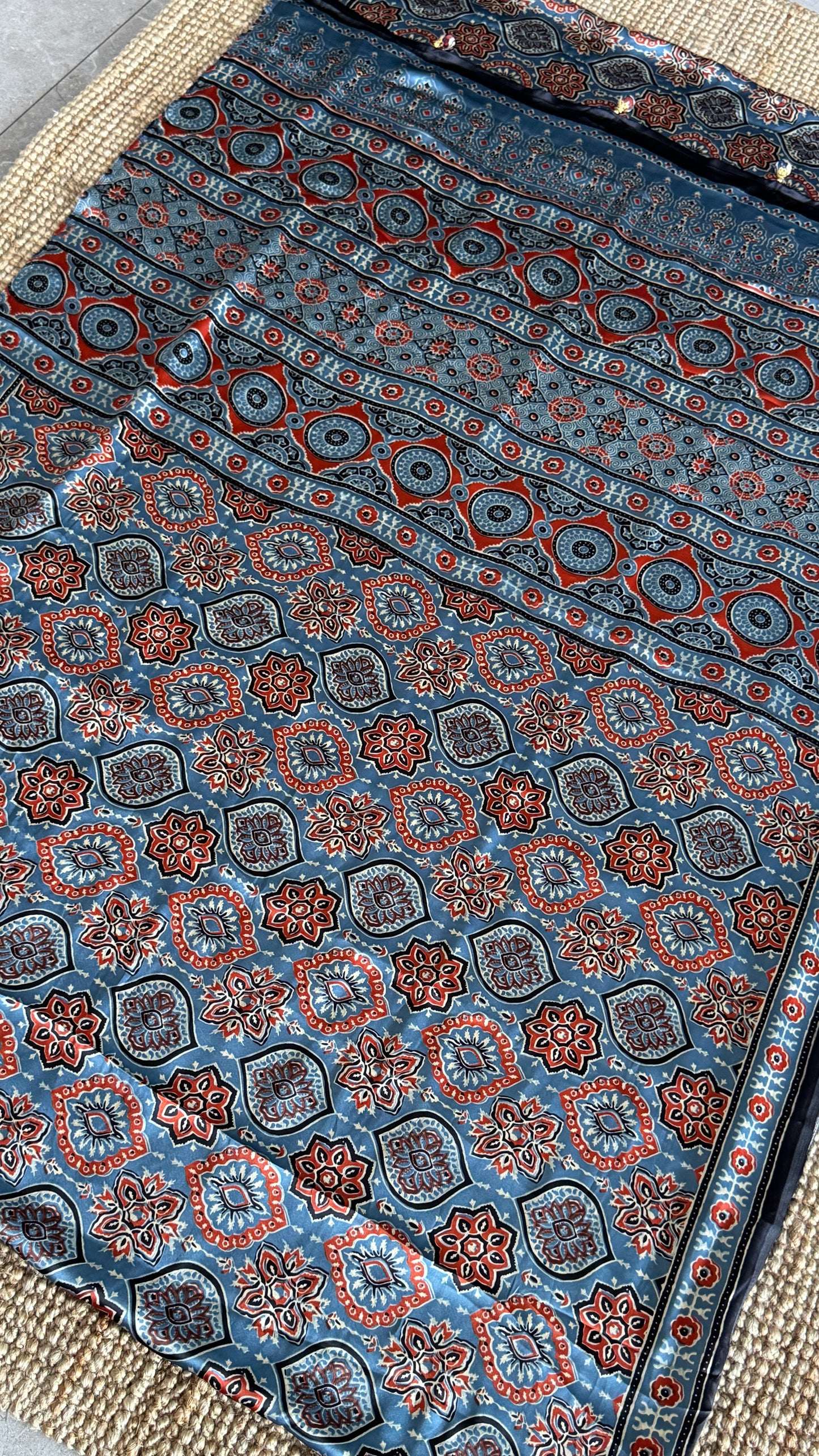 MODAL SILK SAREE WITH DIGITAL AJRAKH PRINTS - Denim Blue