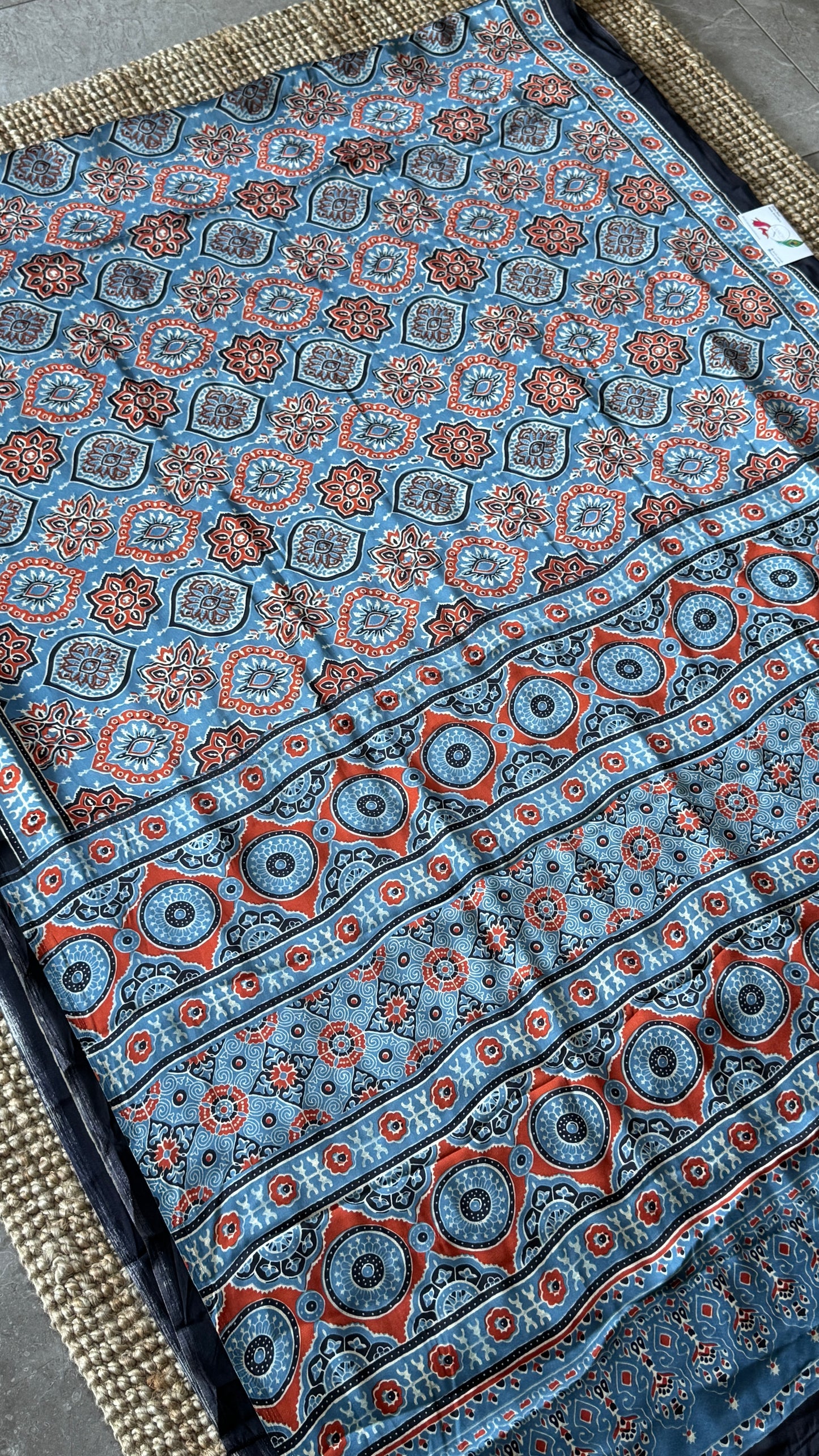 MODAL SILK SAREE WITH DIGITAL AJRAKH PRINTS - Denim Blue