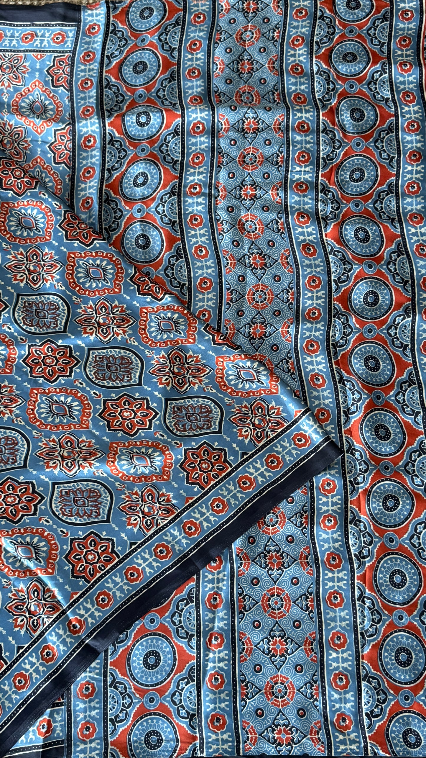 MODAL SILK SAREE WITH DIGITAL AJRAKH PRINTS - Denim Blue