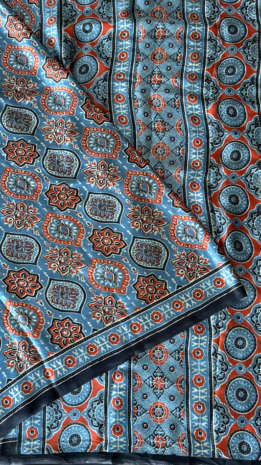 MODAL SILK SAREE WITH DIGITAL AJRAKH PRINTS - Denim Blue